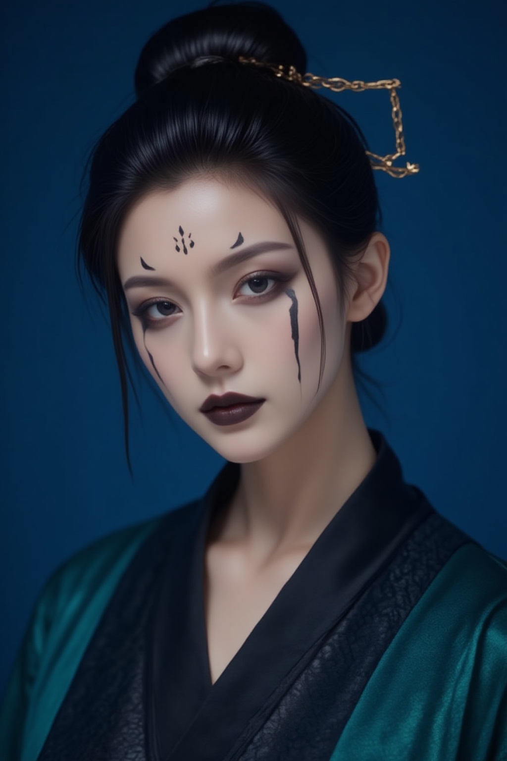 Portrait style image featuring a woman with fair skin and striking facial features. She has dark,  expressive eyes accentu...