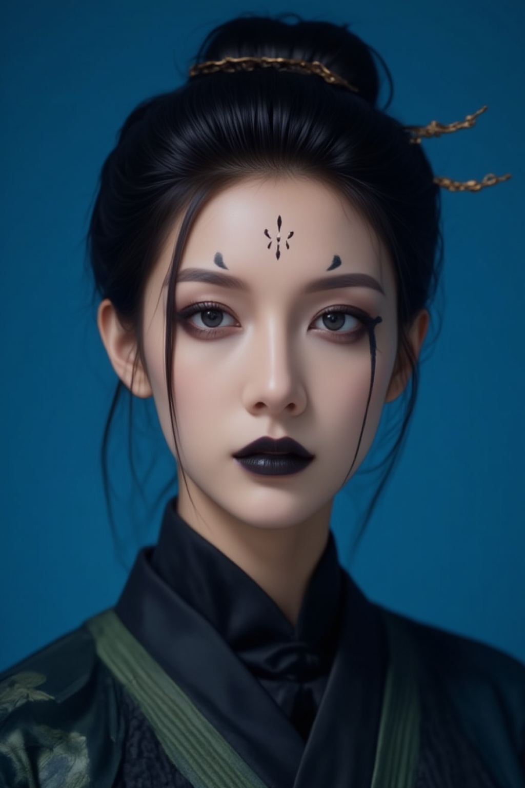 Portrait style image featuring a woman with fair skin and striking facial features. She has dark,  expressive eyes accentu...
