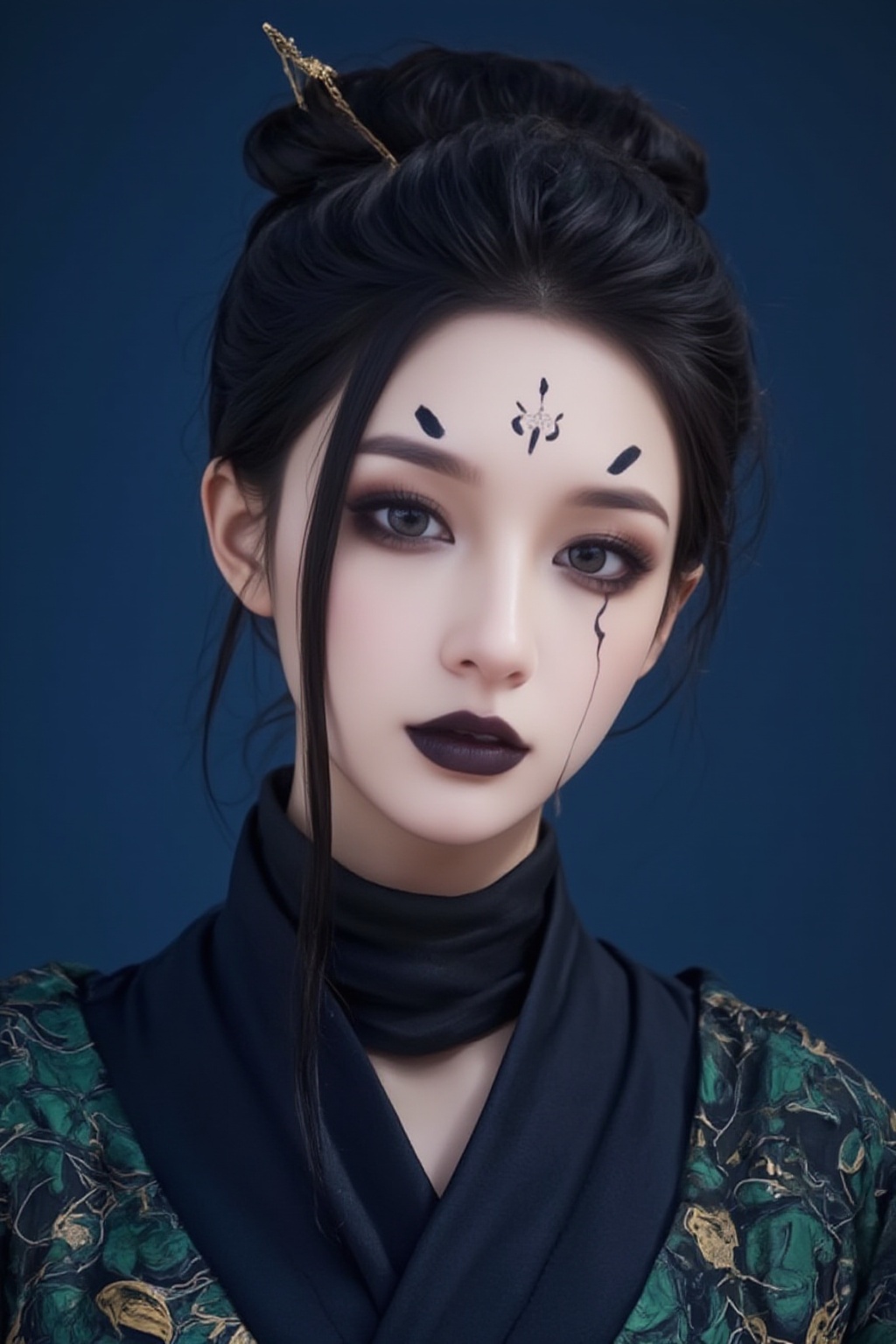 Portrait style image featuring a woman with fair skin and striking facial features. She has dark,  expressive eyes accentu...