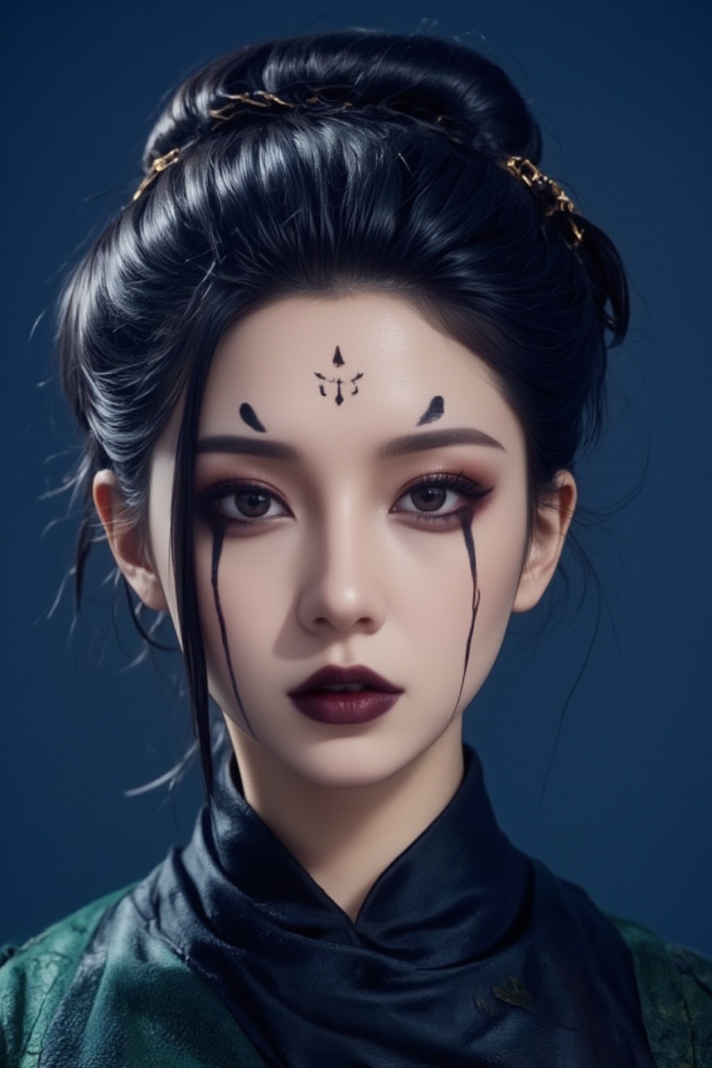 Portrait style image featuring a woman with fair skin and striking facial features. She has dark,  expressive eyes accentu...