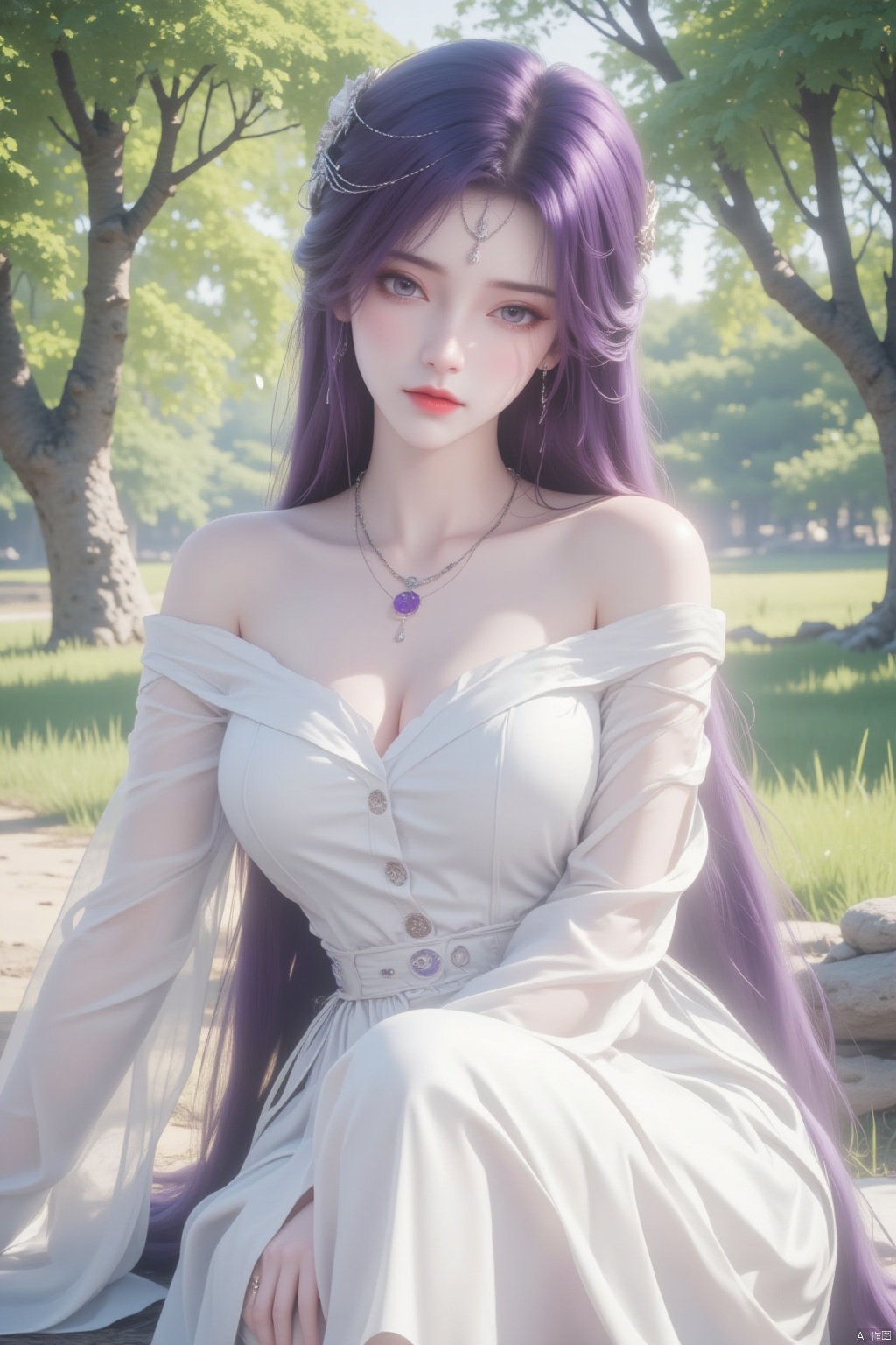  8K image.云曦Flux-起风了,purple hair,1girl, solo, long hair, breasts, looking at viewer, hair ornament, dress, bare shoulders, jewelry, sitting, purple hair, outdoors, necklace, white dress, tree