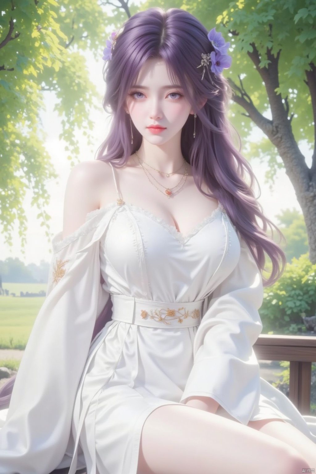  8K image.云曦Flux-起风了,purple hair,1girl, solo, long hair, breasts, looking at viewer, hair ornament, dress, bare shoulders, jewelry, sitting, purple hair, outdoors, necklace, white dress, tree
