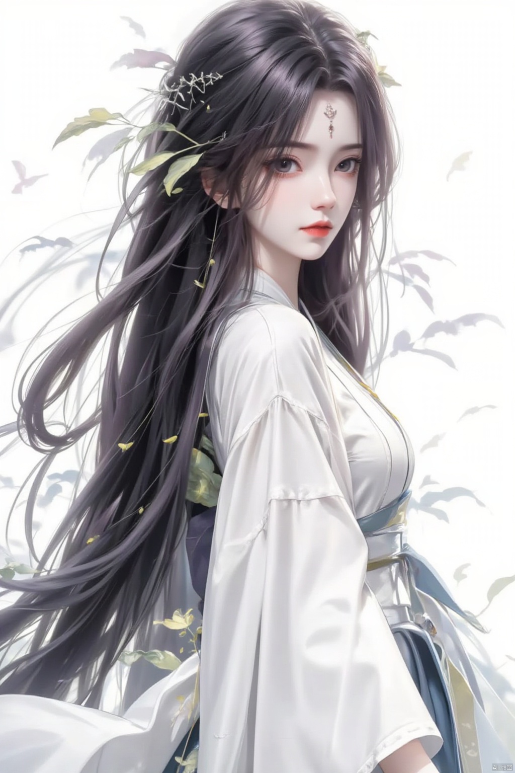 1girl, solo, long hair, looking at viewer, black hair, hair ornament, long sleeves, white background, very long hair, closed mouth, multicolored hair, japanese clothes, wide sleeves, kimono, black eyes, from side, sash, makeup, floating hair, leaf, facial mark, plant, wind, white kimono, forehead mark, red lips