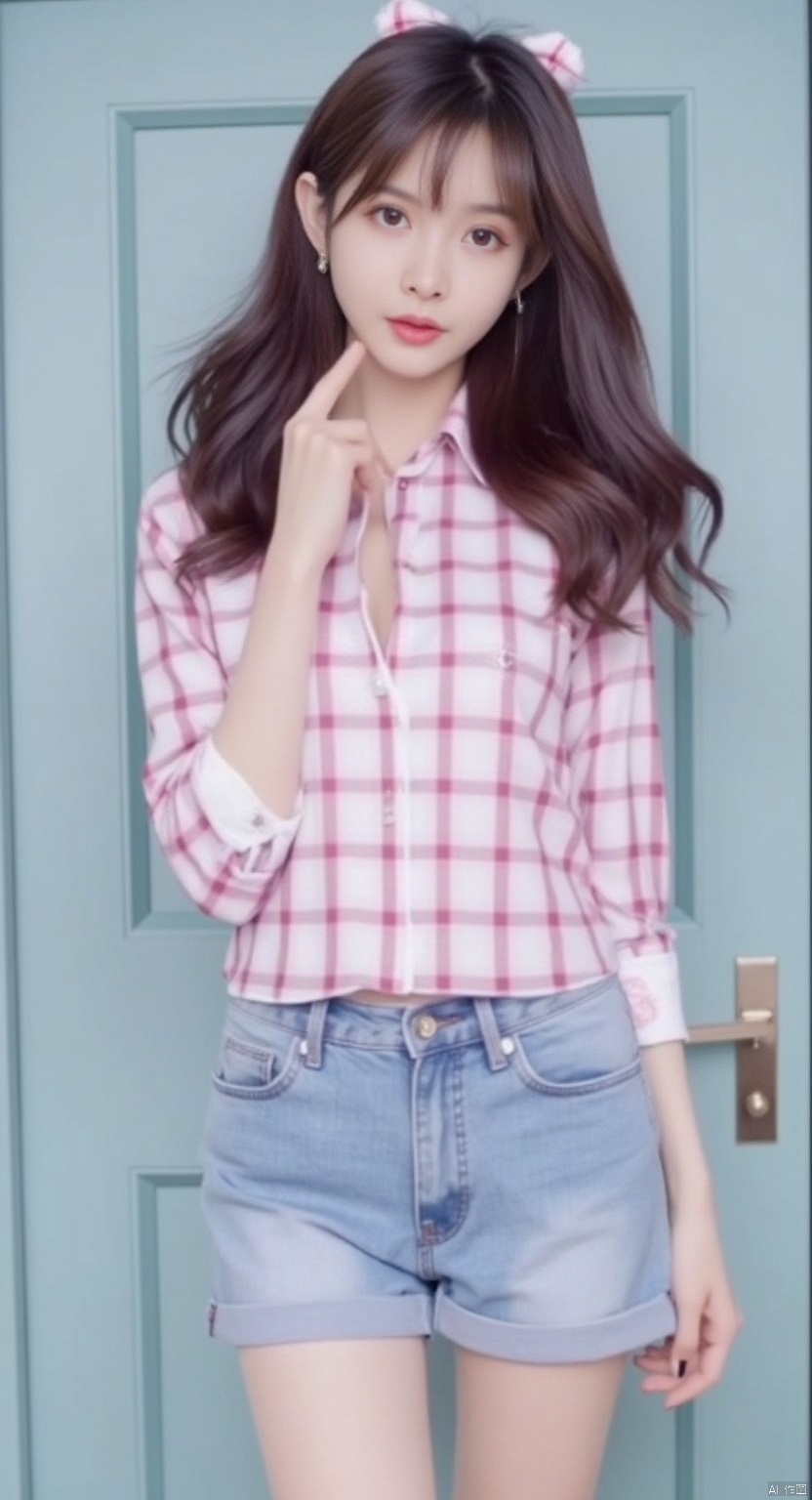 1girl,Checkered shirt, shorts,half body,The unbuttoned button,wangyushan