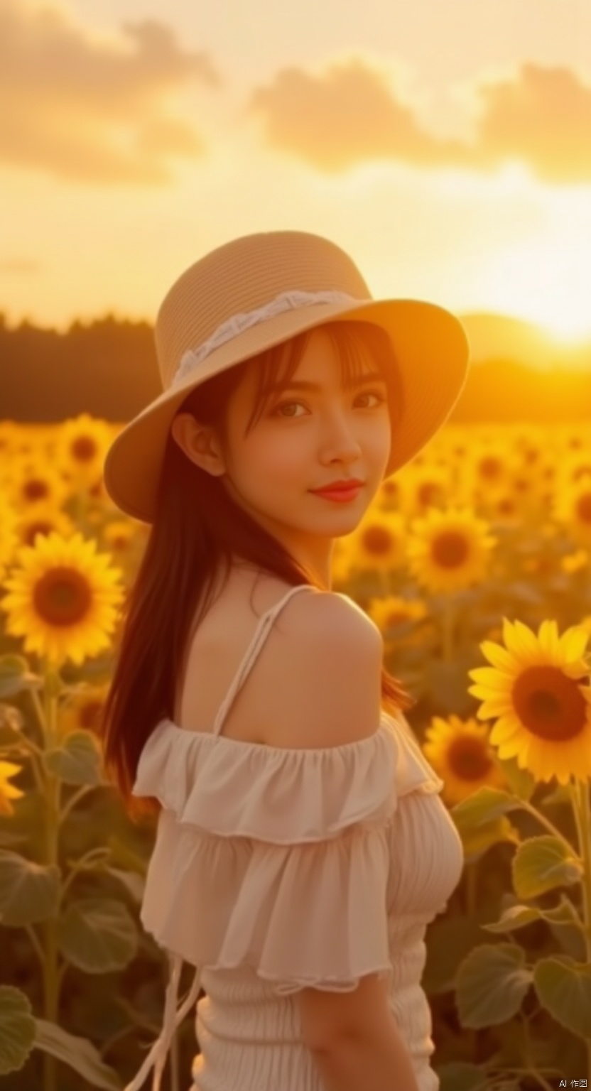 ,wangyushan,((Girl in straw hat looking back in a field of sunflowers)), (backlight), (best illumination, best shadow, an extremely delicate and beautiful), Girl on the center axis of the picture, small breasts, ((Sunflowers with the ultimate in detail)), beautiful detailed sky, Perfect body, (beautiful detailed face), extremely delicate and beautiful girls, Sunflower fields at sunset, sunset, black hair, beautiful detailed cloud, (((extremely detailed CG unity 8k wallpaper, masterpiece, best quality, ultra-detailed))), dynamic angle, floating, finely detail, (bloom), (shine), glinting stars, feather,nature,(sunlight), fairyland, (((The character is in the center of the frame)))