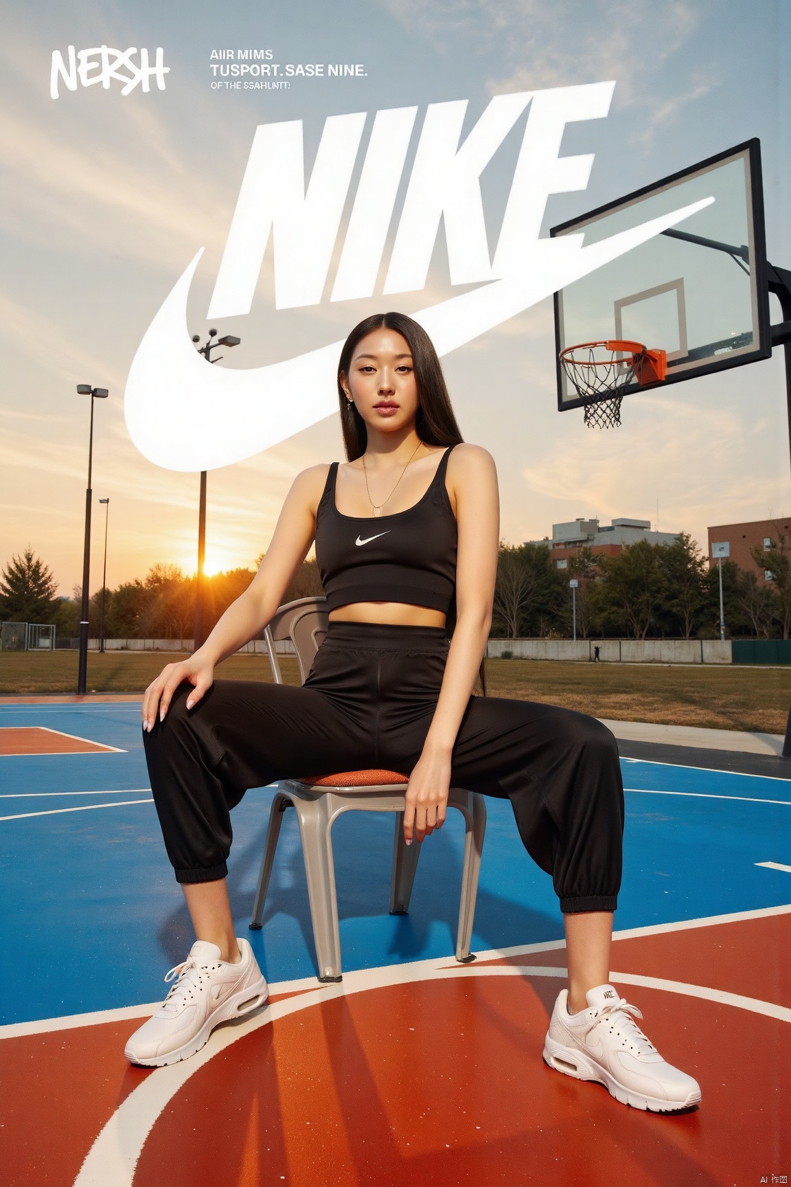 magazine_style, magazine cover, Nike fashion cover, a woman sitting confidently on the edge of a basketball hoop, wearing a sleek Nike sports bra, athletic leggings, and classic Nike Air sneakers. The setting is an outdoor basketball court at sunset, with the court’s vibrant markings and the basketball hoop framing the scene. The lighting captures the golden hues of the evening, creating a dynamic and energetic atmosphere. Her pose is athletic yet relaxed, showcasing strength and confidence, embodying the spirit of Nike. The fashion vibe is sporty, activewear, with a focus on performance, athleticism, and modern streetwear style. Basketball court, Nike Air sneakers, athletic pose, energy, and empowerment.,1girl
