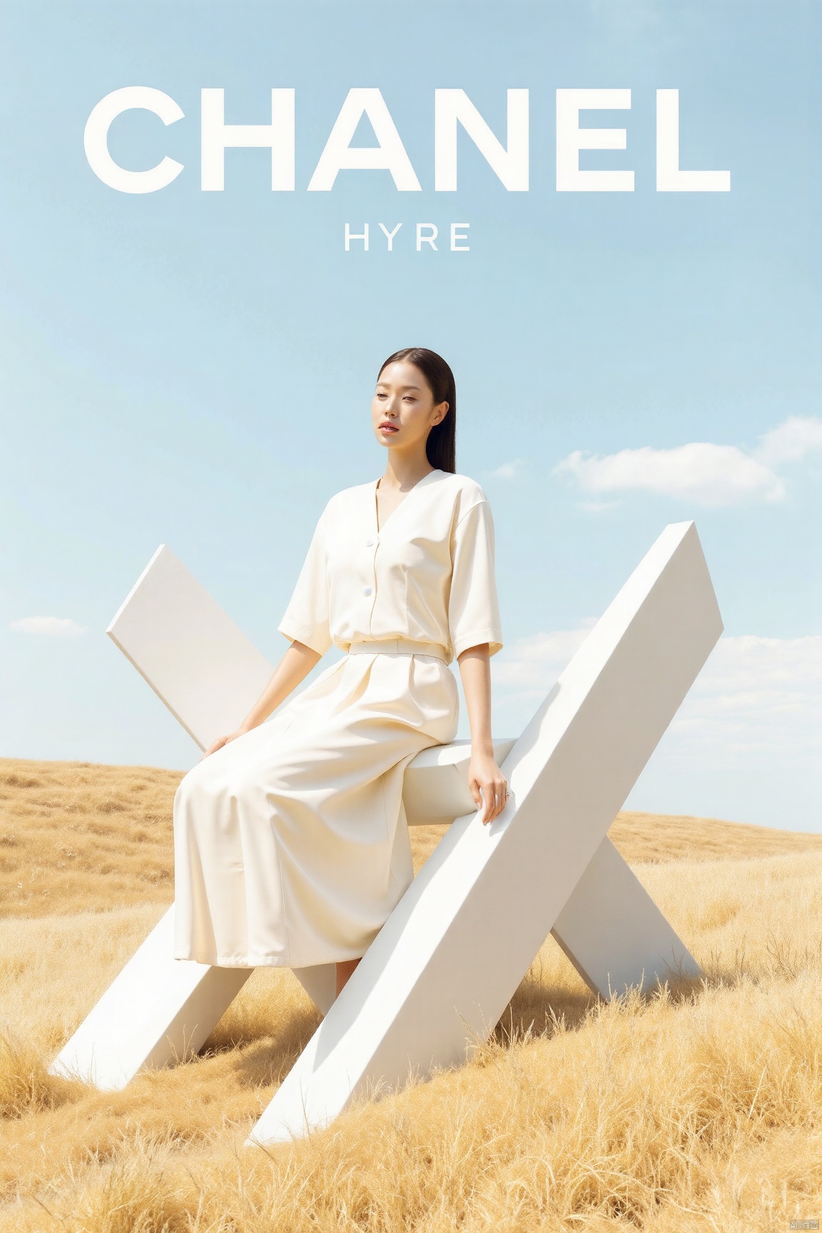 magazine_style, magazine cover, Chanel cover, A minimalist and luxurious scene set in a vast, open landscape with soft golden grass and a crisp, pale blue sky. At the center, an elegant woman sits on a sleek, geometric, abstract sculpture made of white polished metal, reminiscent of modern art. She is dressed in a flowing, silky Chanel gown, exuding sophistication, with clean lines and a soft pastel color palette that complements the serene and high-fashion atmosphere. The fabric of her gown drapes elegantly over the sharp, angular surface of the sculpture, creating a striking contrast between the softness of the fabric and the structure beneath.

Her posture is graceful and poised, with her gaze slightly averted, adding an air of mystery. The minimalist background, void of distractions, amplifies the luxuriousness of her presence, while subtle shadows play across the scene, enhancing the geometric forms around her. The lighting is soft and diffused, creating a harmonious balance between the natural environment and the sharp elegance of her attire. The entire composition reflects modern elegance and minimalism, perfectly capturing Chanel’s iconic blend of simplicity and high-end fashion.