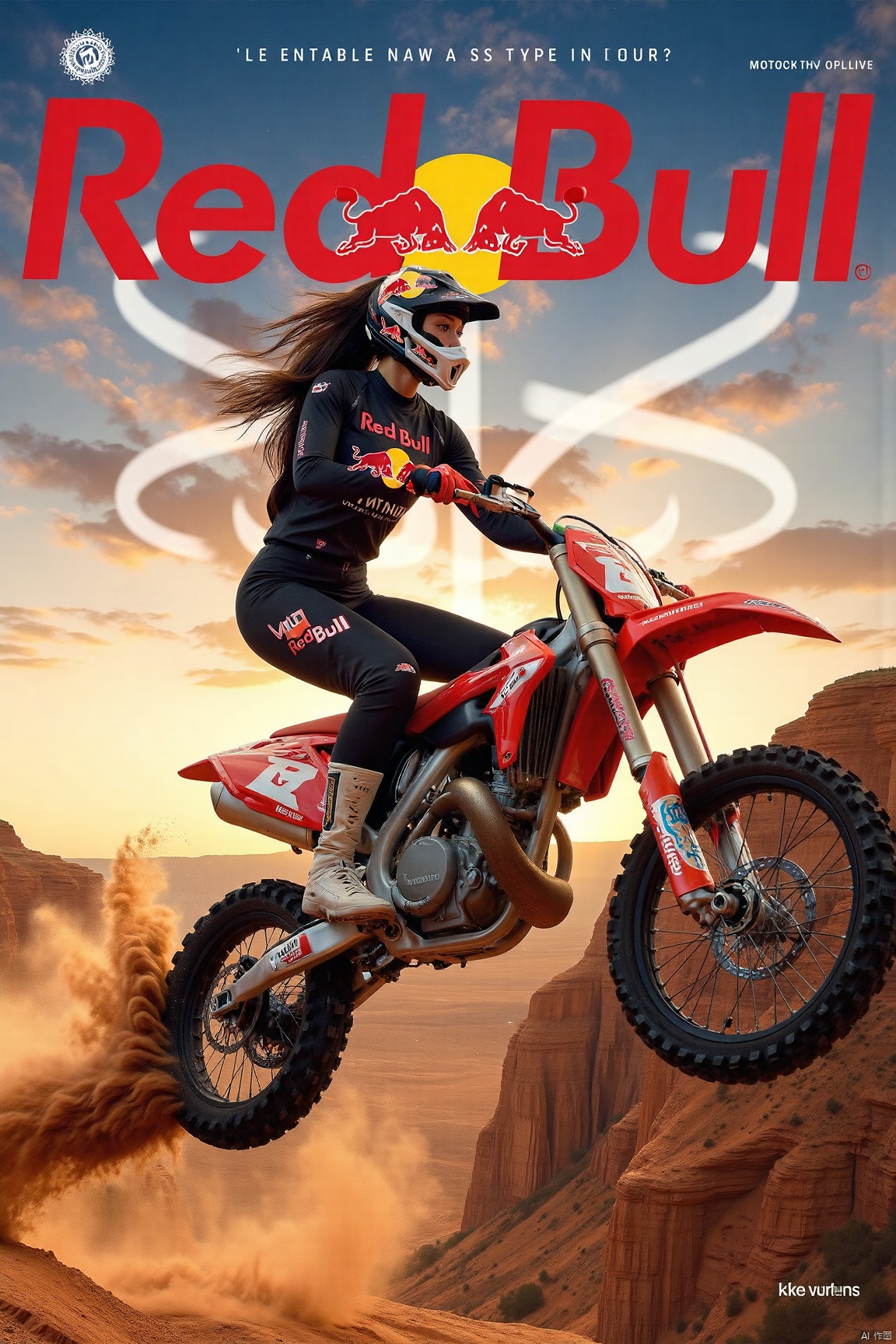 magazine_style, magazine cover, redbull cover,A stunning scene of a motocross bike mid-air during a thrilling jump, with a beautiful, athletic woman riding the bike. She’s wearing an official Red Bull outfit, a tight-fitting racing suit with the Red Bull logo prominently displayed. The woman has long flowing hair, her expression confident and fearless. Behind her, the sky is a vibrant sunset transitioning into a starry night, with the Red Bull logo subtly embedded in the background. Dust and dirt particles fly from the bike's tires, enhancing the sense of motion. The atmosphere is energetic and intense, showcasing extreme sports with a futuristic and bold feel. The lighting casts a dramatic glow on both the rider and the bike, emphasizing the metallic texture and sleek design of the motocross bike. The environment is wild, a rugged dirt track surrounded by steep cliffs and rock formations, perfectly capturing the spirit of adventure and risk-taking.