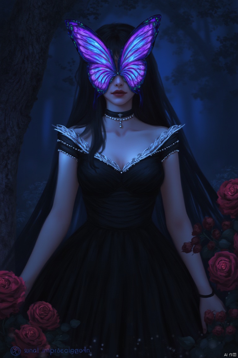 A digital art painting of a woman in a black dress with white trim.The woman's dress is adorned with white pearls and a bl...