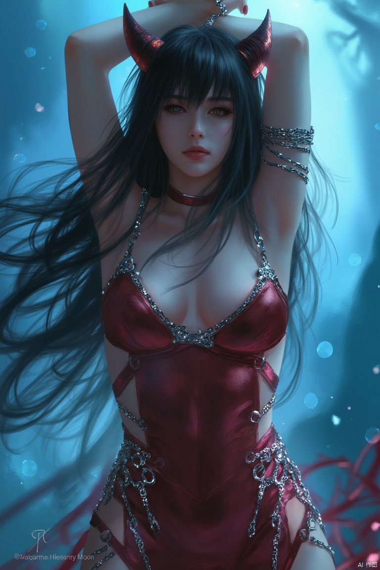 Captured in a digital art style,  a woman with long black hair and horns on her head stands in the center of the frame. Sh...