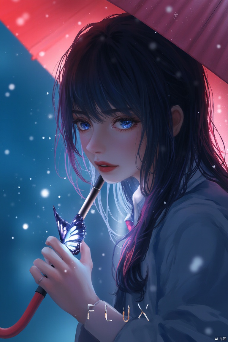 right hand. Her left hand is holding a butterfly in her left hand. The umbrella she is holding is a vibrant shade of red,...