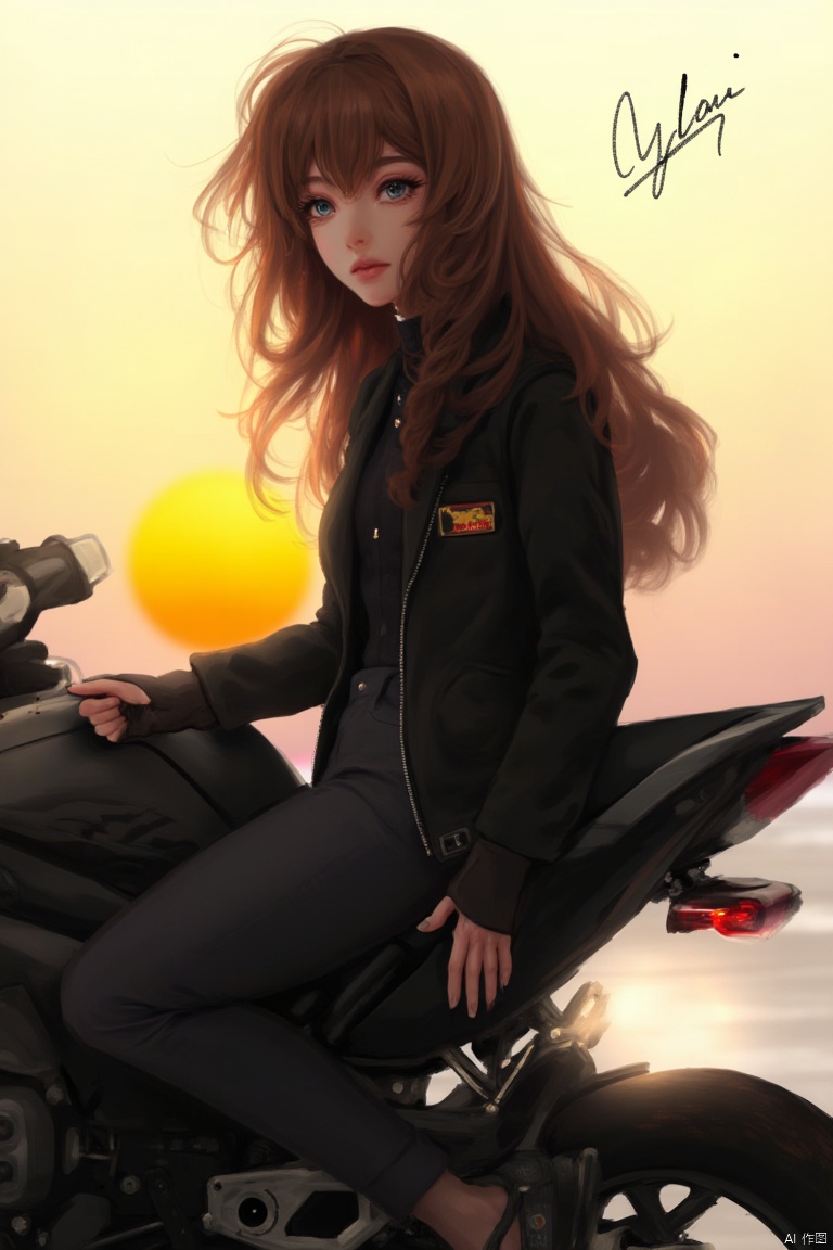 An animated portrait of a woman with long brown hair and a black jacket. The woman is sitting on a black motorcycle. The m...