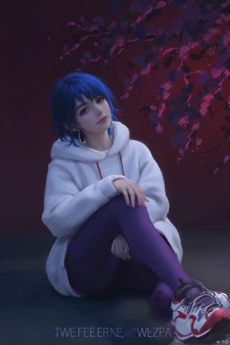 Captured from a digital painting,  a woman with blue hair,  wearing a white hooded sweatshirt and purple leggings is sitti...