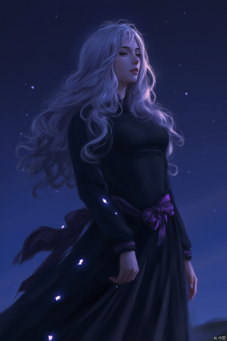 a digital art piece features a woman with long,  wavy blonde hair. She is dressed in a long,  black dress adorned with a p...