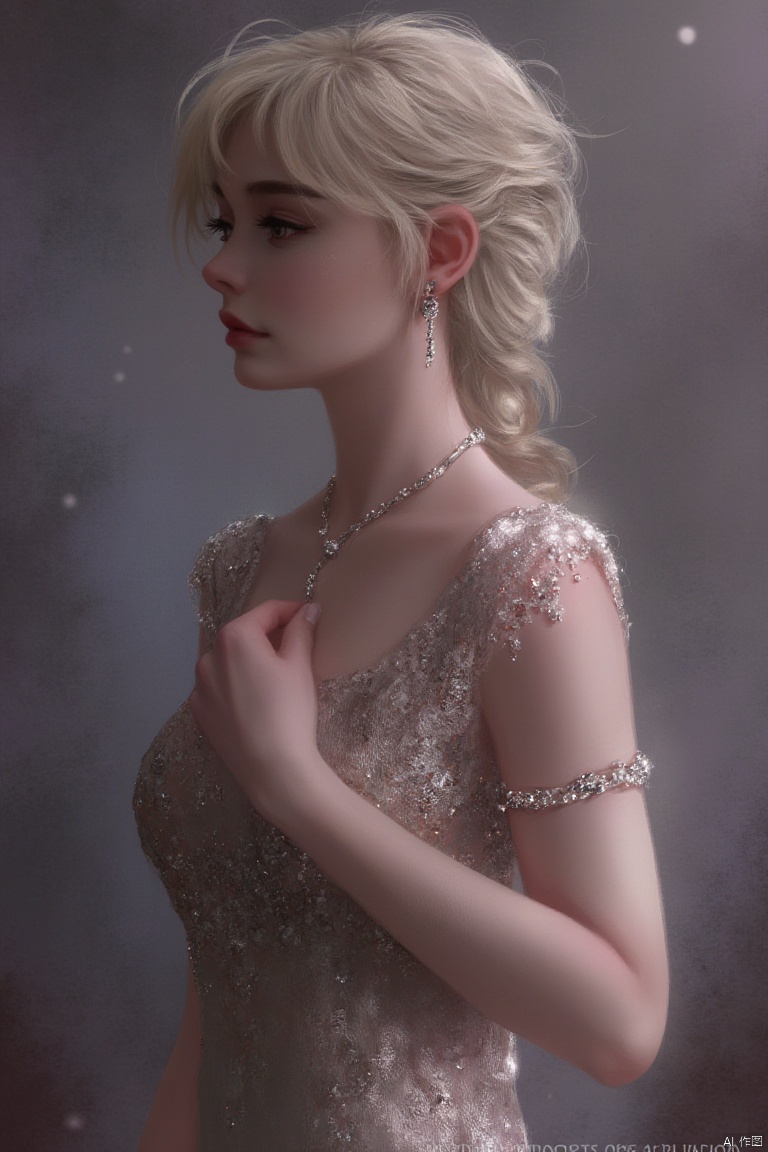 a woman with blonde hair,  wearing a silver sleeveless dress adorned . She is adorned with a silver necklace and earrings,...