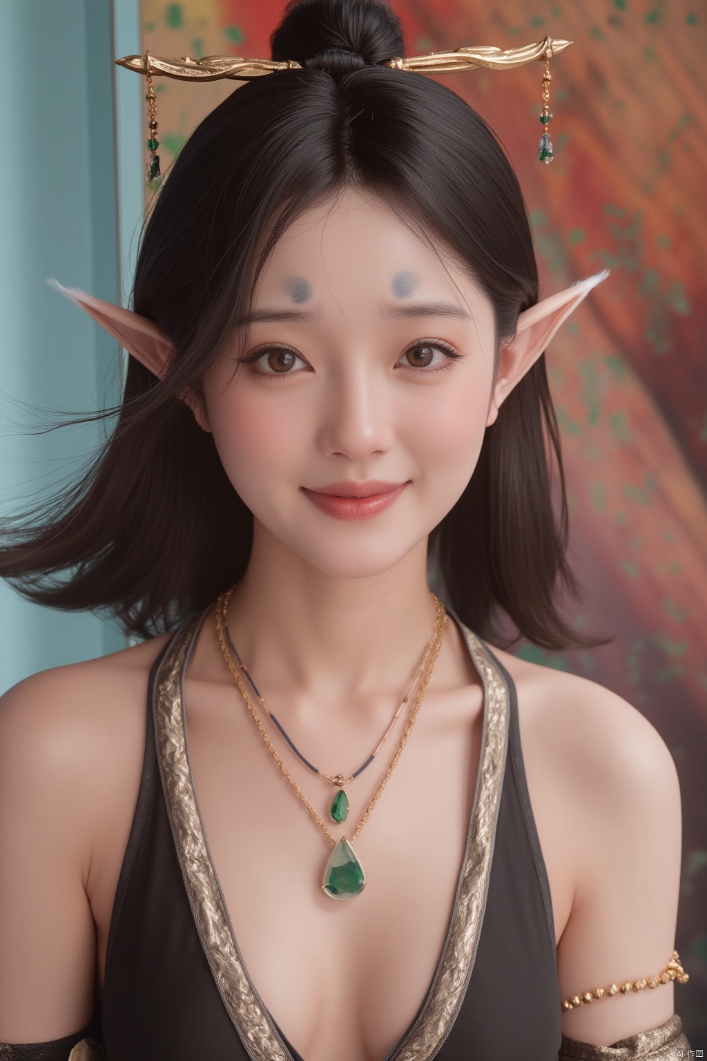 Pingping_hubggirl, Portrait of a 21-year-old hubggirl, solo and direct at the viewer with a warm smile. She wears an ensemble of luxurious gold-trim jewelry, including long earrings and a bow hair ornament. A stunning Agate necklace and Emerald bracelet adorn her neck and wrist, respectively, while Diamonds and Onyx add subtle sparkle. Her eyes are framed by Wangyushan's signature eyeglasses. Set against a backdrop of vibrant colors, the scene is bathed in bright natural light, showcasing every detail with high contrast HDR photography.