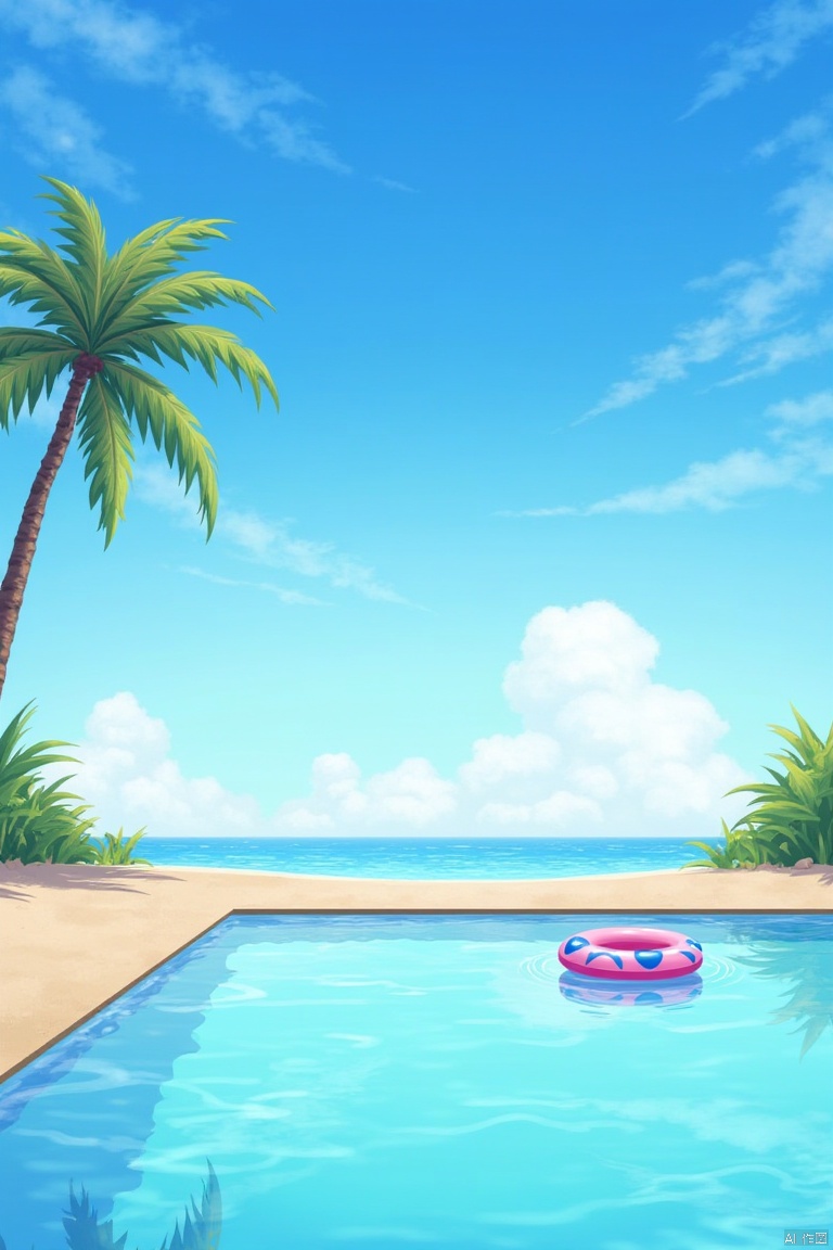 outdoors, sky, day, cloud, water, tree, blue sky, no humans, ocean, beach, innertube, sand, palm tree, pool