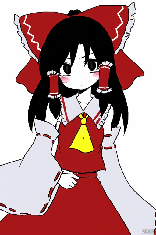 simple background,white skin,hakurei reimu,1girl,hair bow,red bow,detached sleeves,solo,hair tubes,simple background,looking at viewer,frilled bow,red skirt,sidelocks,wide sleeves,bare shoulders,blush,yellow ascot,ribbon-trimmed sleeves,hakurei_reimu,hair_bow,red_bow,blackeyes