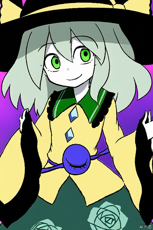 ,simple background,white skin,komeiji koishi,1girl, hat,hat bow,green hair,green eyes,yellow shirt,green skirt,,long sleeves, wide sleeves, floral print,third eye,eyeball,cute,smile