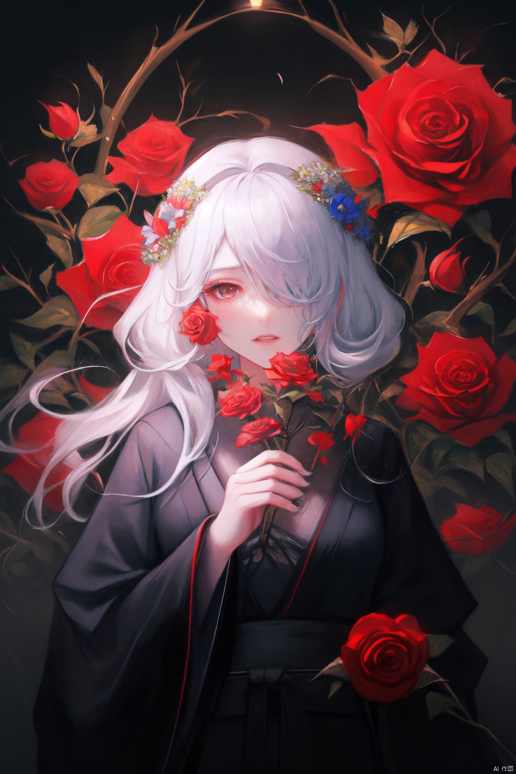 A young Asian woman wearing a flower wreath,An Acrylic style painting that is expressive, gives it a dynamic and emotional quality.a woman with a ethereal red and blue mist surrounding her body. The mist creates a dramatic and surreal effect. A red flower, that is blooming, covering one eye, attached to the face. The woman has a cold aesthetic, complimented by her white hair. Anime art of woman draped in shadows with a lighting that enhances her sexy unique features. with a black kimono adorned with flowers. The background is blurred The background is a wall with Chinese characters written on it creating a stark contrast to the woman's outfit. filled with red rose petals.