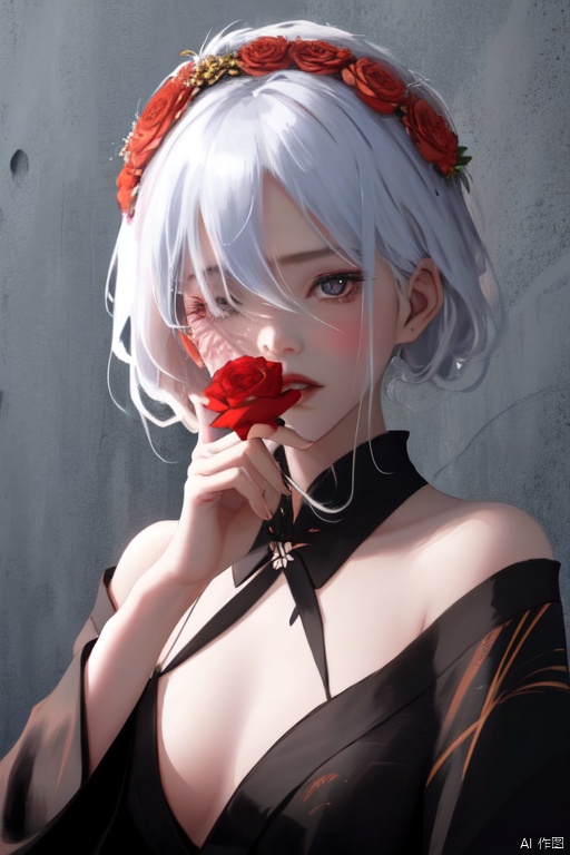 A young Asian woman wearing a flower wreath,An Acrylic style painting that is expressive, gives it a dynamic and emotional quality.a woman with a ethereal red and blue mist surrounding her body. The mist creates a dramatic and surreal effect. A red flower, that is blooming, covering one eye, attached to the face. The woman has a cold aesthetic, complimented by her white hair. Anime art of woman draped in shadows with a lighting that enhances her sexy unique features. with a black kimono adorned with flowers. The background is blurred The background is a wall with Chinese characters written on it creating a stark contrast to the woman's outfit. filled with red rose petals.