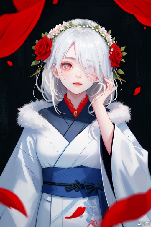 A young Asian woman wearing a flower wreath,An Acrylic style painting that is expressive, gives it a dynamic and emotional quality.a woman with a ethereal red and blue mist surrounding her body. The mist creates a dramatic and surreal effect. A red flower, that is blooming, covering one eye, attached to the face. The woman has a cold aesthetic, complimented by her white hair. Anime art of woman draped in shadows with a lighting that enhances her sexy unique features. with a black kimono adorned with flowers. The background is blurred The background is a wall with Chinese characters written on it creating a stark contrast to the woman's outfit. filled with red rose petals.