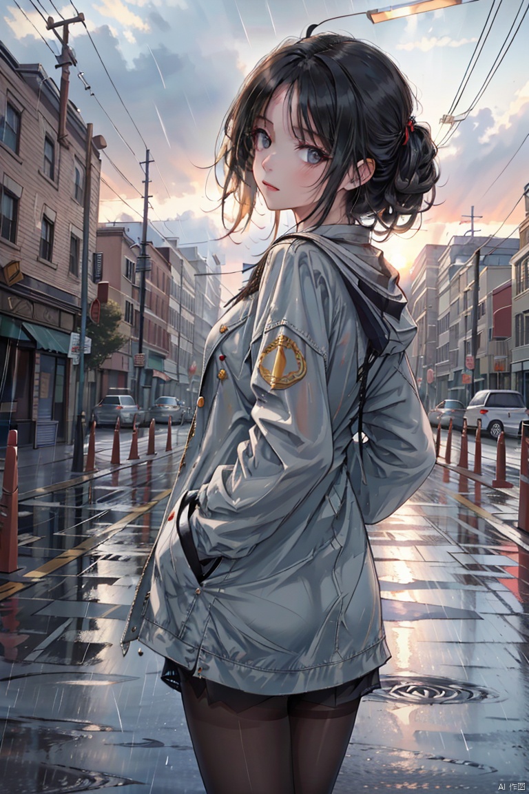 masterpiece,best quality,(ray tracing, cinematic lighting),ex-light,(central composition, Centered Composition and Symmetry:0.6),(back to camera:1.3),backlight,1girl,((solo)),black long hair,messy hair,jacket,pantyhose,rainy day,Cumulonimbus Cloud,(put hands in pockets),(outdoors, rain, sky, deserted streets, watered-down pavements, crossroad, fork in the road),tall buildings,bell towers,glass,reflections,streetlights,sunset,Tyndall Effect,
