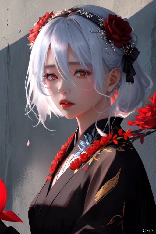 A young Asian woman wearing a flower wreath,An Acrylic style painting that is expressive, gives it a dynamic and emotional quality.a woman with a ethereal red and blue mist surrounding her body. The mist creates a dramatic and surreal effect. A red flower, that is blooming, covering one eye, attached to the face. The woman has a cold aesthetic, complimented by her white hair. Anime art of woman draped in shadows with a lighting that enhances her sexy unique features. with a black kimono adorned with flowers. The background is blurred The background is a wall with Chinese characters written on it creating a stark contrast to the woman's outfit. filled with red rose petals.