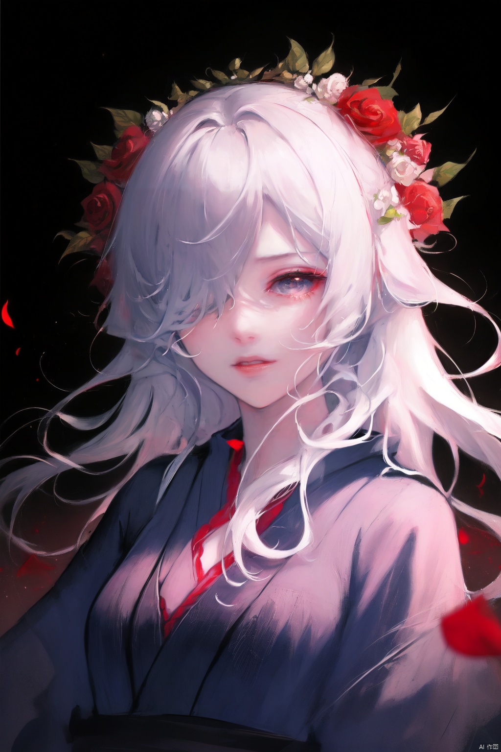 A young Asian woman wearing a flower wreath,An Acrylic style painting that is expressive, gives it a dynamic and emotional quality.a woman with a ethereal red and blue mist surrounding her body. The mist creates a dramatic and surreal effect. A red flower, that is blooming, covering one eye, attached to the face. The woman has a cold aesthetic, complimented by her white hair. Anime art of woman draped in shadows with a lighting that enhances her sexy unique features. with a black kimono adorned with flowers. The background is blurred The background is a wall with Chinese characters written on it creating a stark contrast to the woman's outfit. filled with red rose petals.