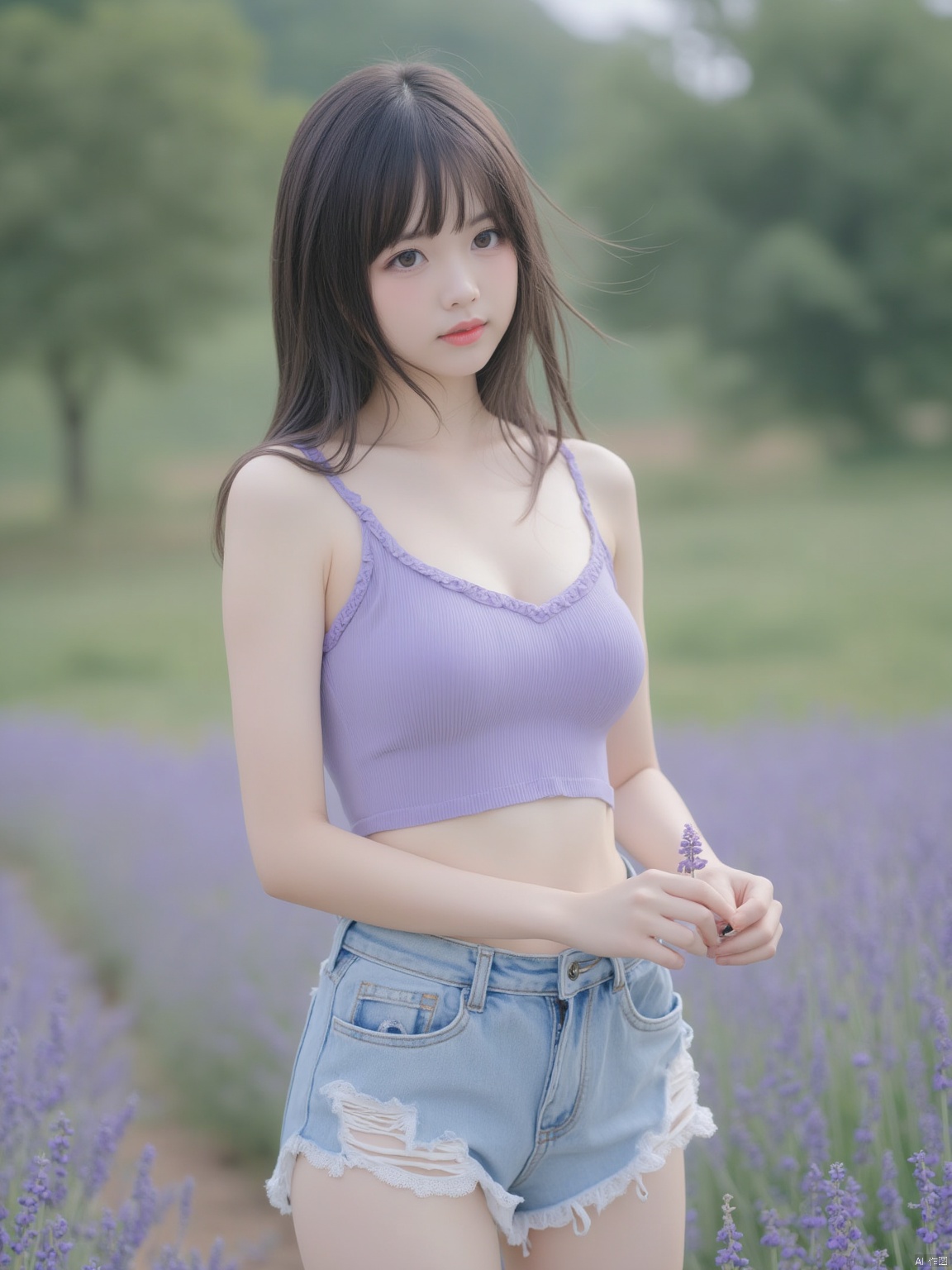 The image is a portrait of a young woman standing in a field of purple flowers. She is wearing a purple crop top and denim shorts with a white lace trim. She has shoulder-length dark hair styled in a bob with bangs and is holding a small purple flower in her hand. The woman is looking directly at the camera with a serious expression on her face. The background is blurred, but it appears to be a natural setting with trees and greenery. The overall mood of the image is peaceful and serene.