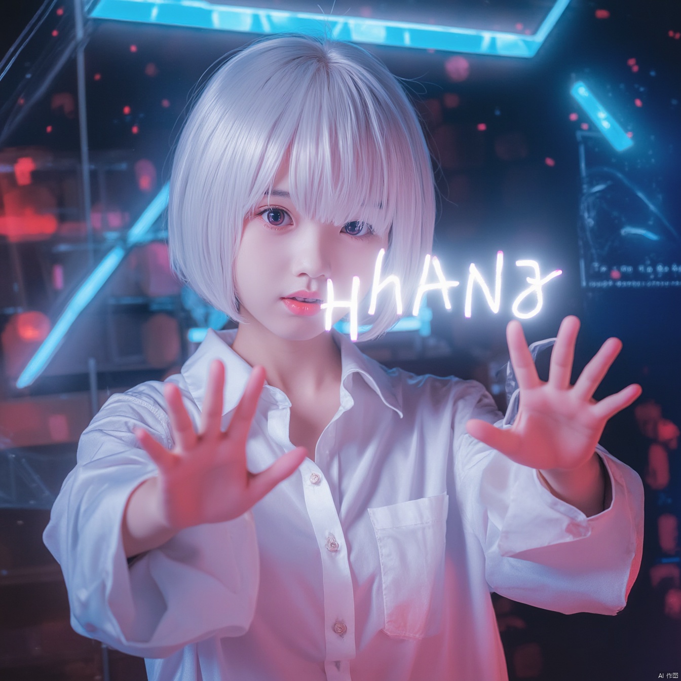 he image shows a young girl standing in front of a glass surface. She is wearing a white shirt and has short white hair, with bright, expressive large eyes. One of her hands is pressed against the glass, writing a glowing word, 'hans,' while the other hand hangs naturally by her side. The background is illuminated with vibrant blue and red neon lights, casting colorful reflections on the glass. The overall mood of the image is futuristic and dreamlike, with a strong contrast between the soft glow of the word and the vibrant neon background.