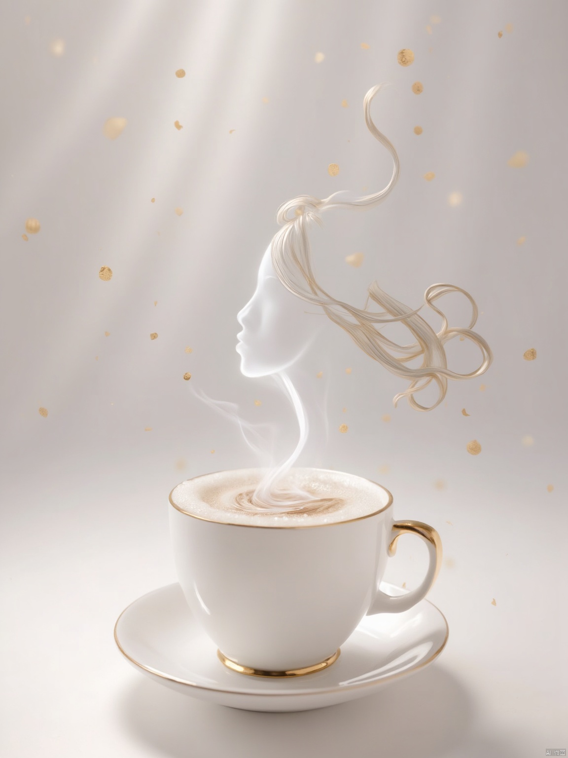 Beauty, realism, chiaroscuro, rays of light, play of shadow and light, cinematic style, Super HD, Pastel, chalk, crayon drawing, surreal and elegant image of a white coffee cup with gold accents, steam rising from it, forming a detailed and graceful silhouette of a woman's face. The woman's flowing hair smoothly transitions into the steam, with gold tones highlighting the strands. The background is a soft, light color that enhances the contrast and elegance of the cup and steam. The overall atmosphere is sophisticated, dreamy and artistic.