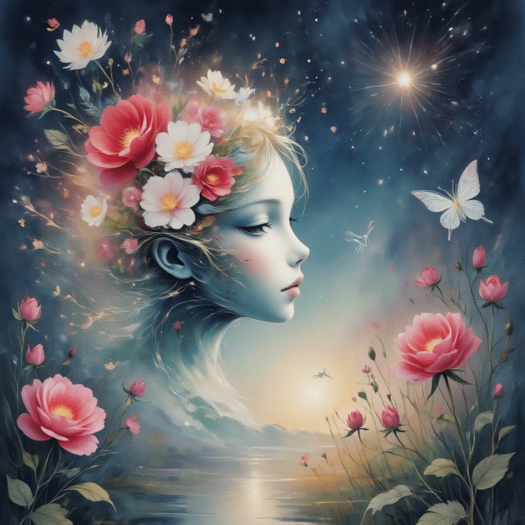  floricolor, a woman flower, Her exquisite figure is like a sculpture-like work of art, Crying in the Starry Sky