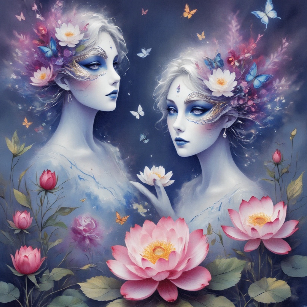 floricolor, woman wearing masquerade mask, butterfly masquerade, Big iridescent peony, royal ball, Butterfly mask, blue purple and white, blue lips, Paper fan, masterpiece, 8K, Hot topics on pixiv, best quality