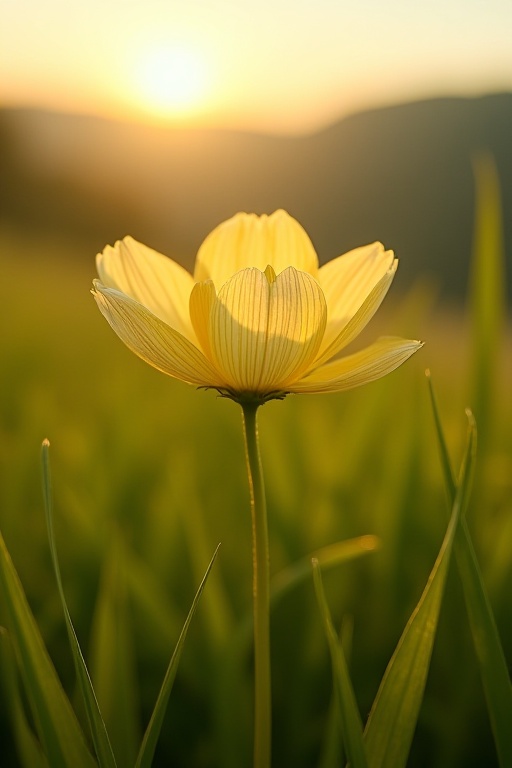 A delicate,  petal-soft flower blooms in a warm,  golden light amidst a lush green meadow. The sun's rays dance across its...