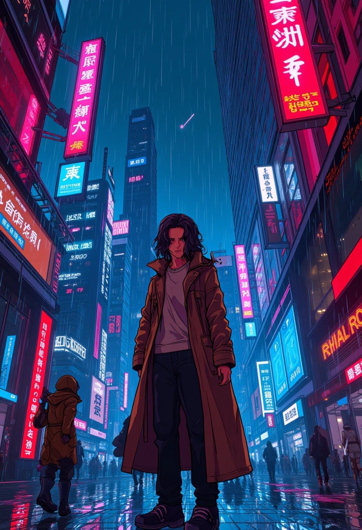 A colored digital art of a young man with long dark hair and a high-tech trench coat,  standing on a rainy cyberpunk stree...