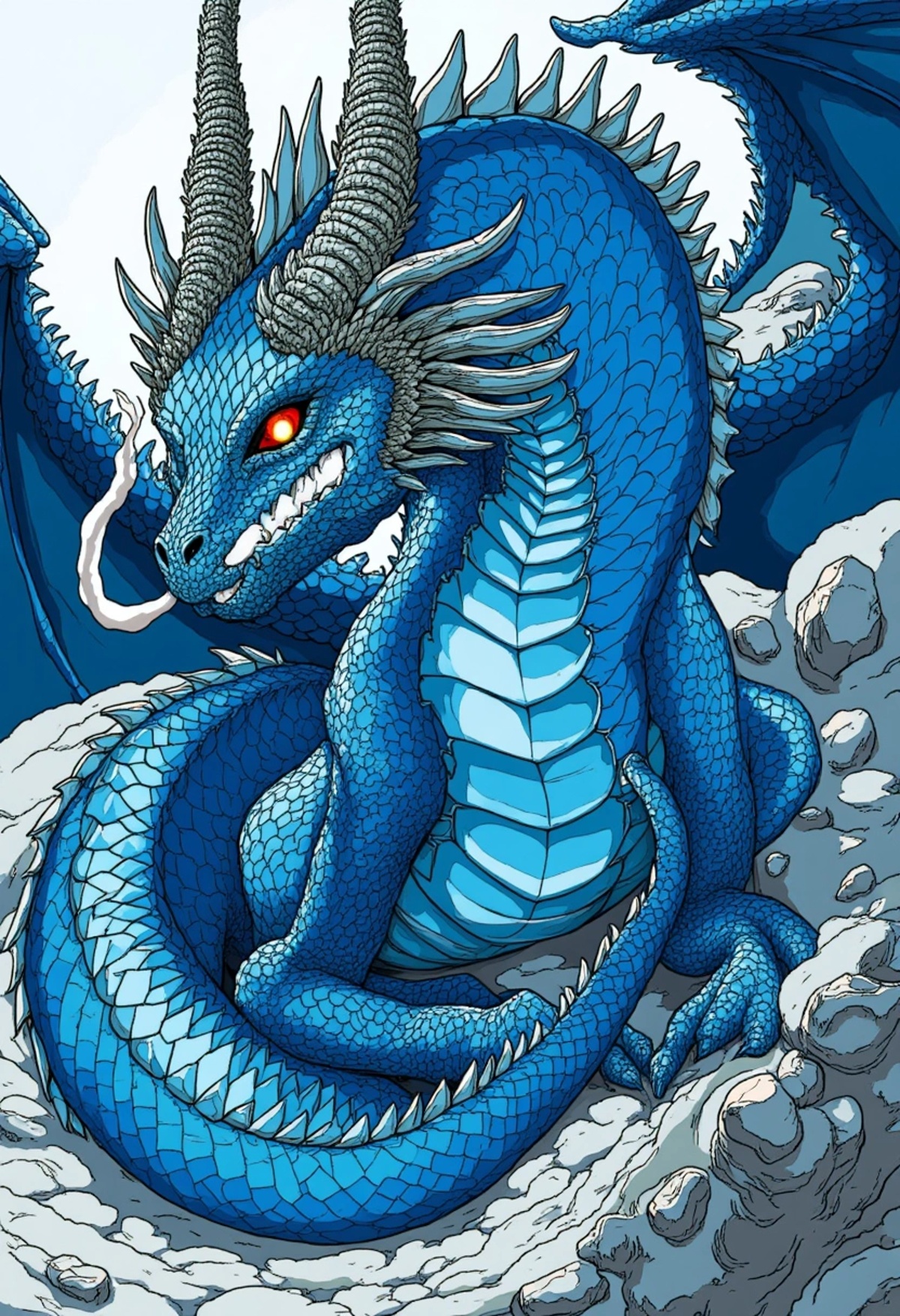 A colored illustration of a majestic dragon with shimmering blue scales,  large horns,  and glowing eyes. Smoke gently cur...