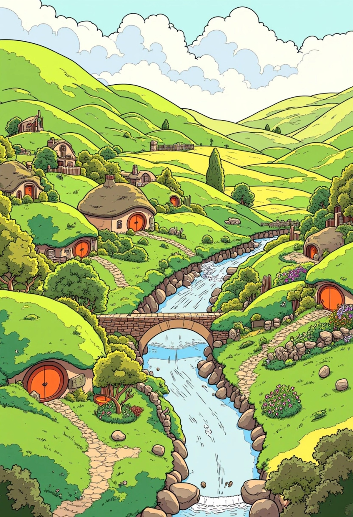A colored illustration of the Shire with its rolling green hills,  quaint hobbit holes with round doors,  and lush gardens...