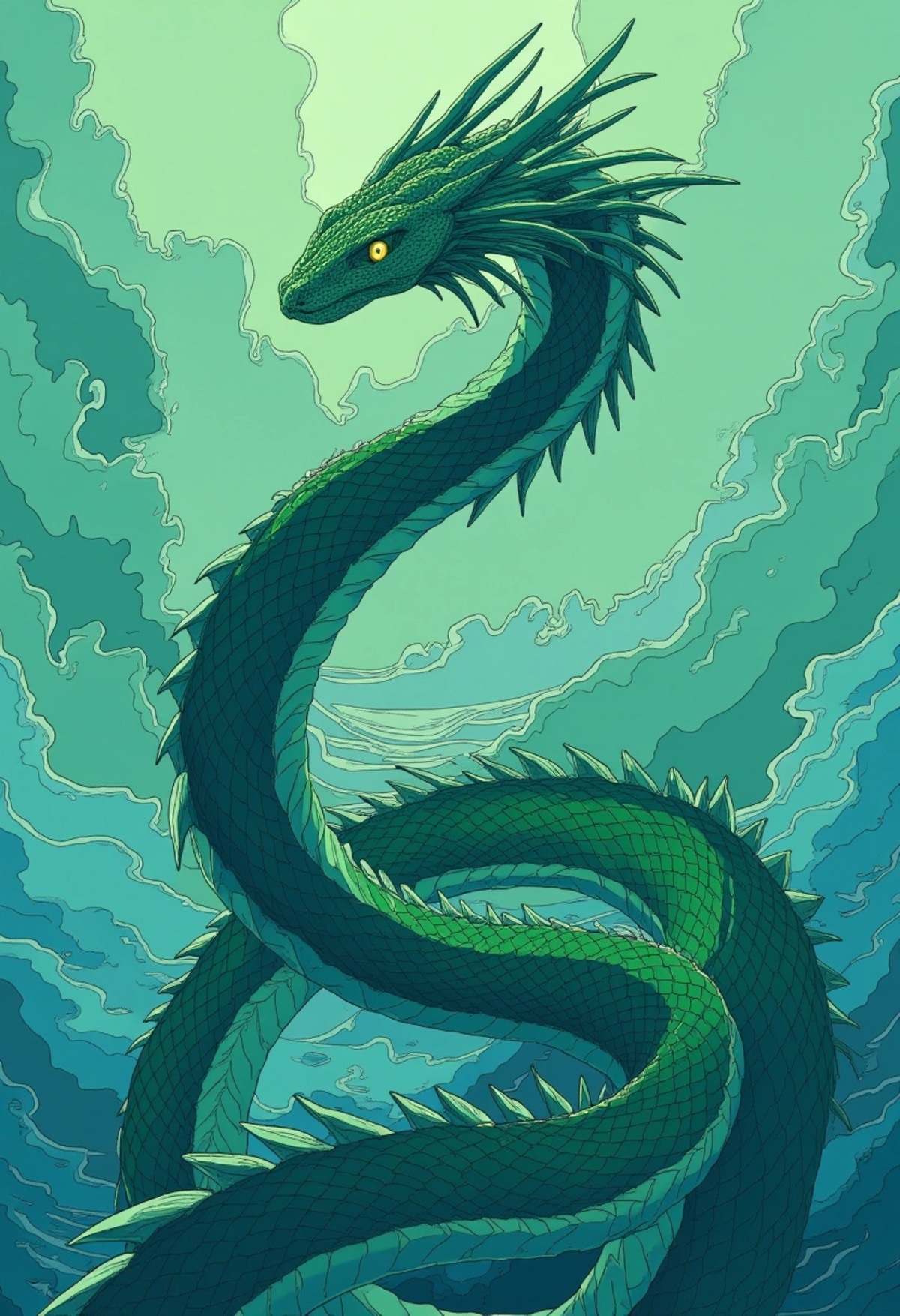 A colored digital art of a sea serpent with emerald green scales,  rising from the ocean with a menacing expression. Its l...