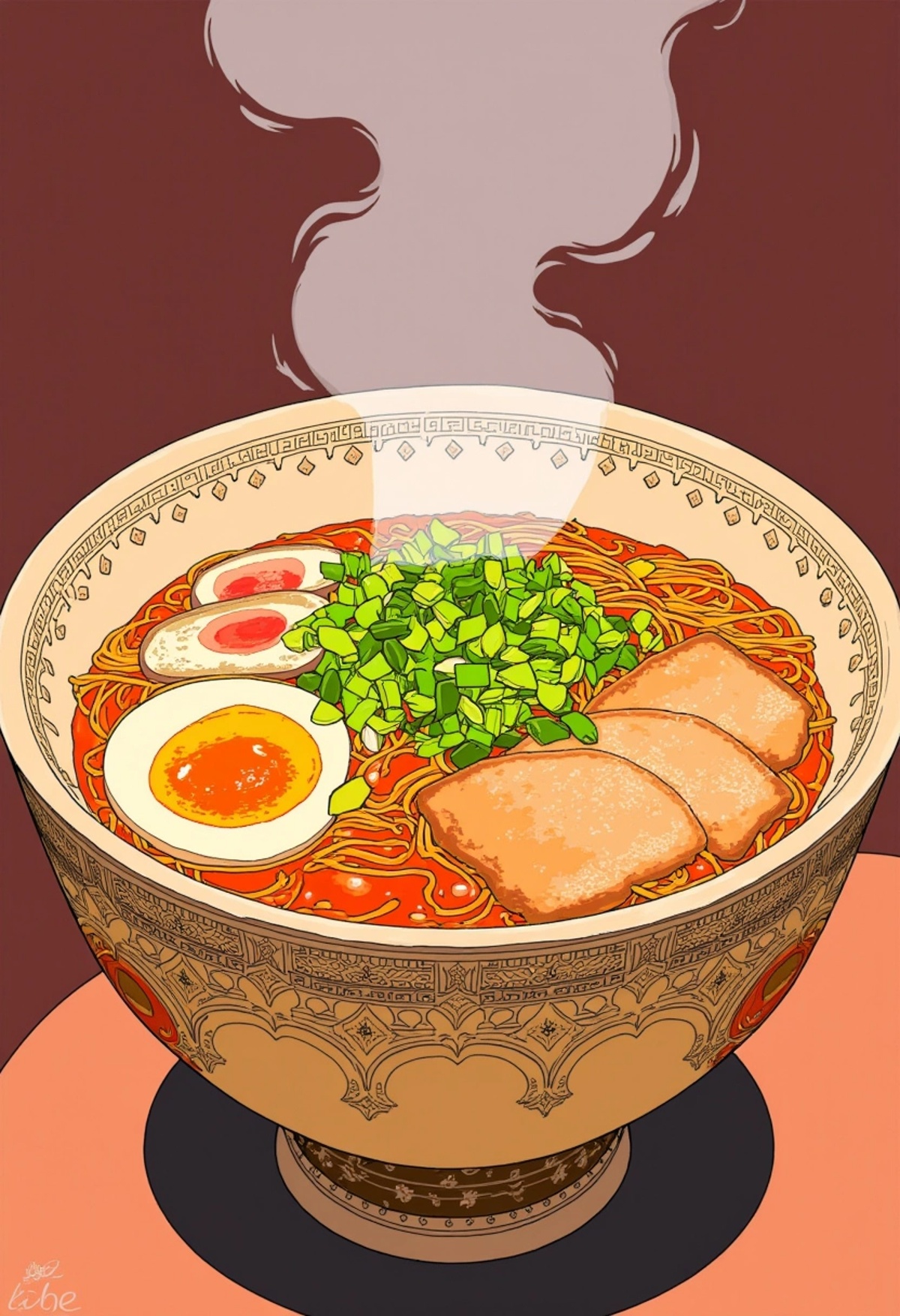 A colored digital art of a steaming bowl of ramen,  complete with noodles,  sliced pork by andinmaro146 on Tensor.Art