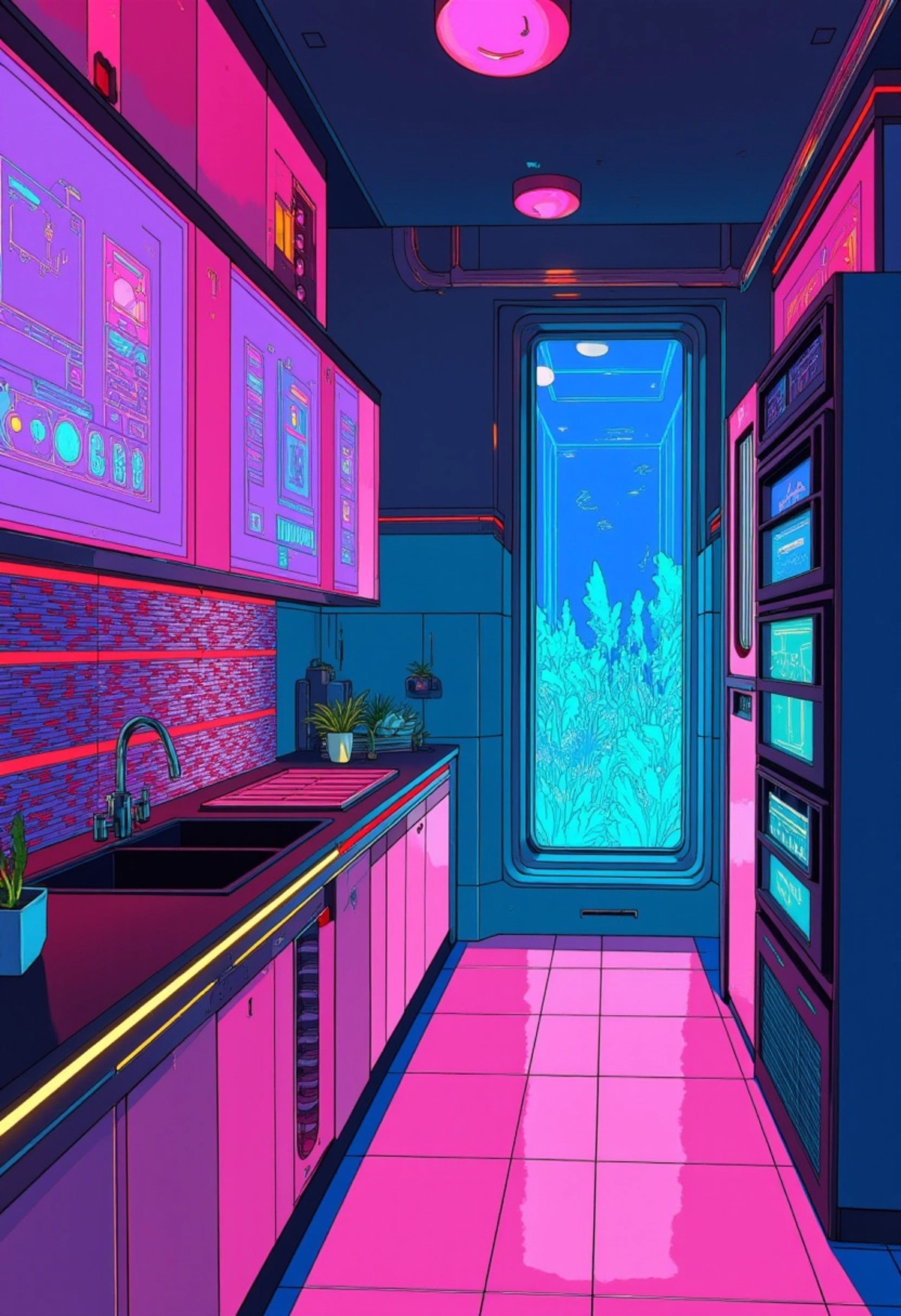 A colored illustration of a sleek,  futuristic kitchen interior with advanced appliances,  holographic recipe screens by a...