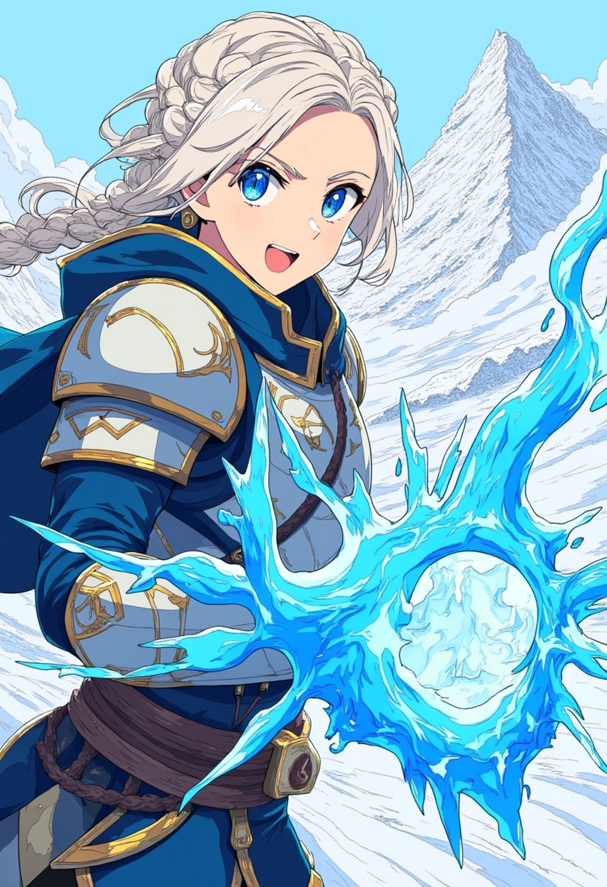 A colored illustration of a warrior mage girl with braided white hair,  piercing blue eyes,  and wearing a sleek by andinm...