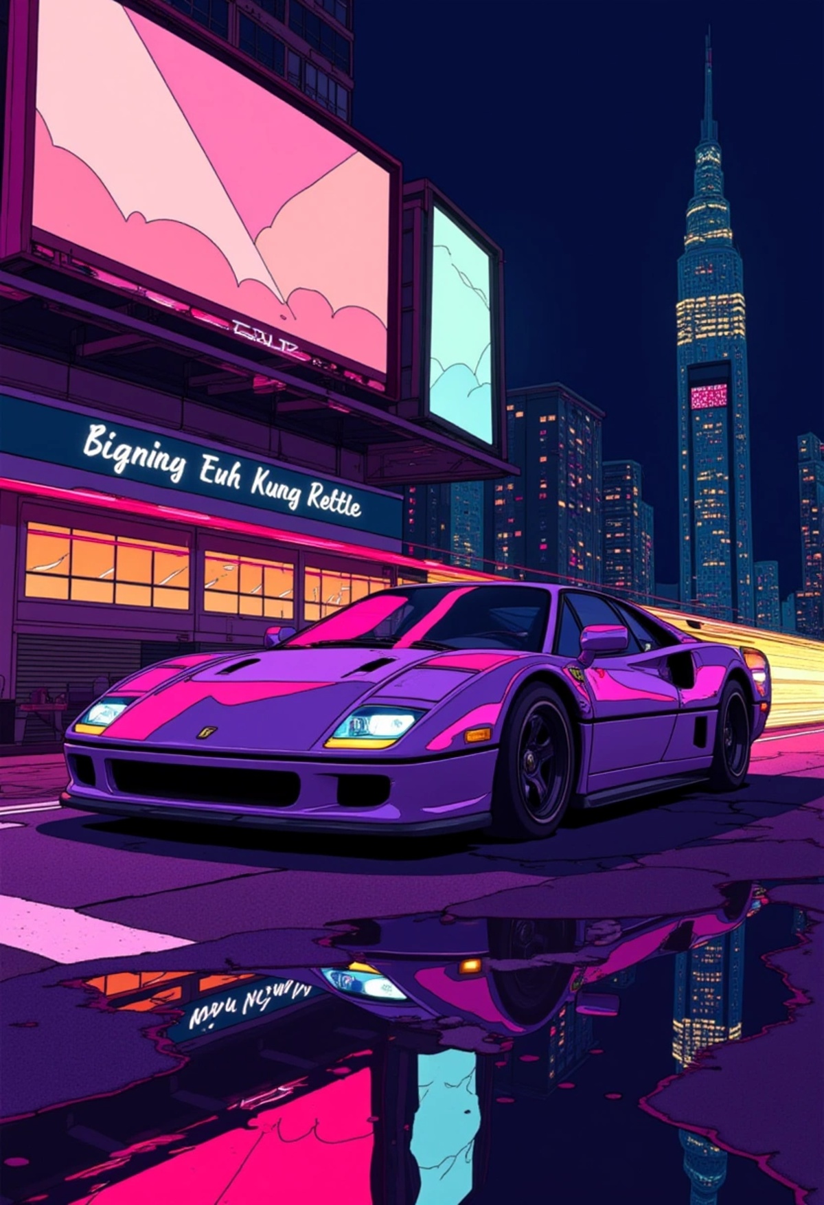 A colored digital art of a sleek sports car parked under a bright city billboard at night,  with its headlights reflecting...