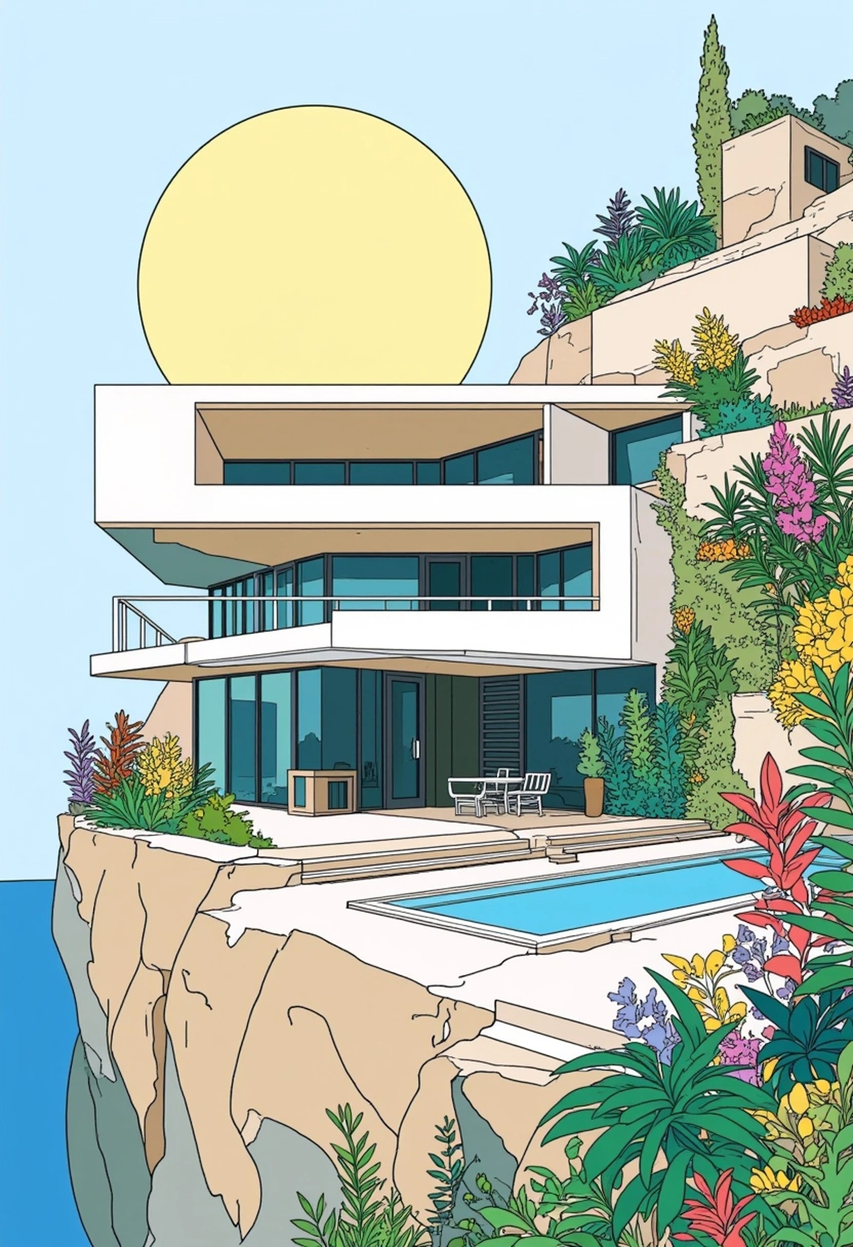 A colored digital art of a modern minimalist house with clean lines,  large windows,  and a cantilevered design overlookin...