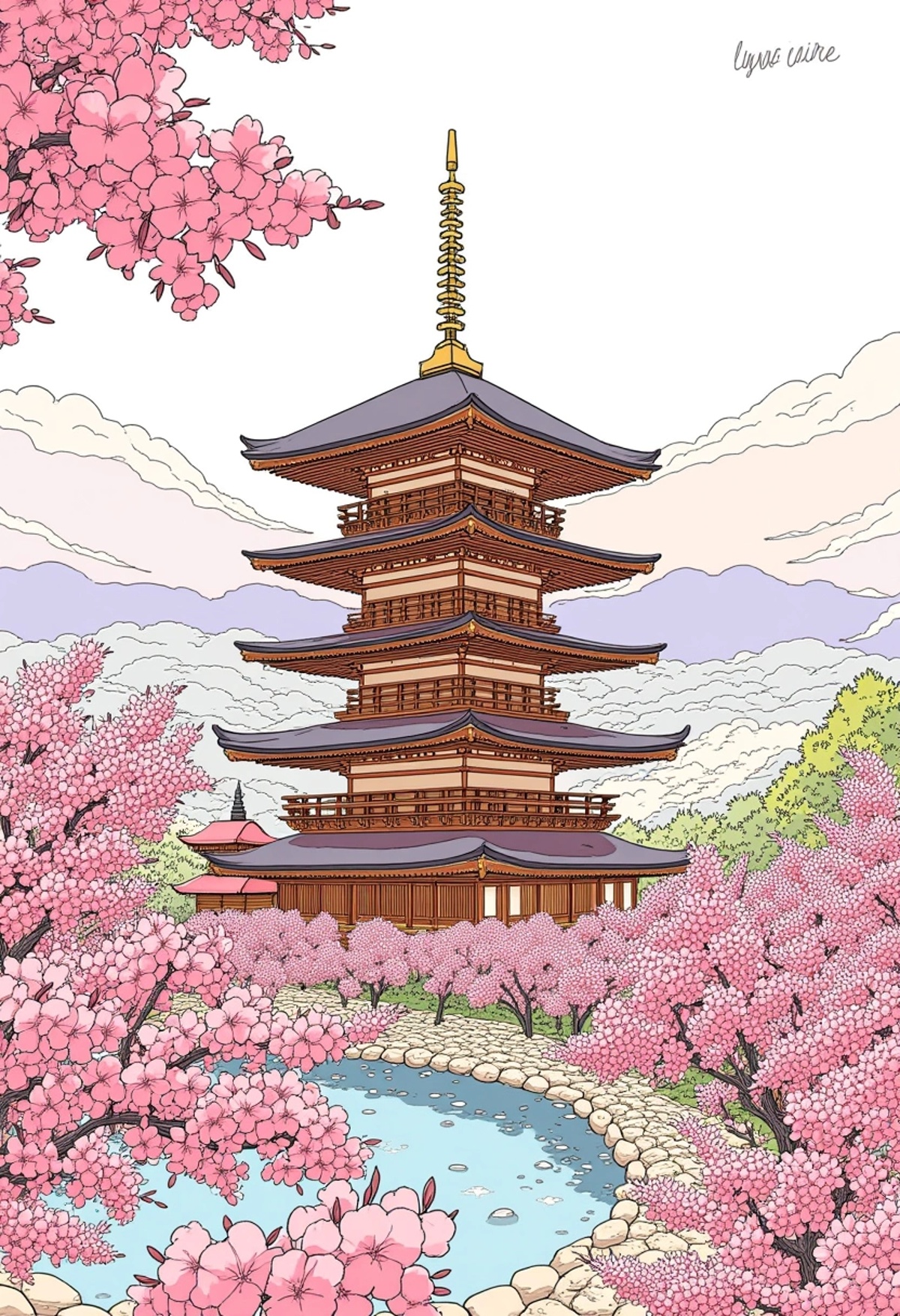 A colored illustration of a traditional Japanese pagoda surrounded by serene cherry blossom trees,  with its multi-tiered...