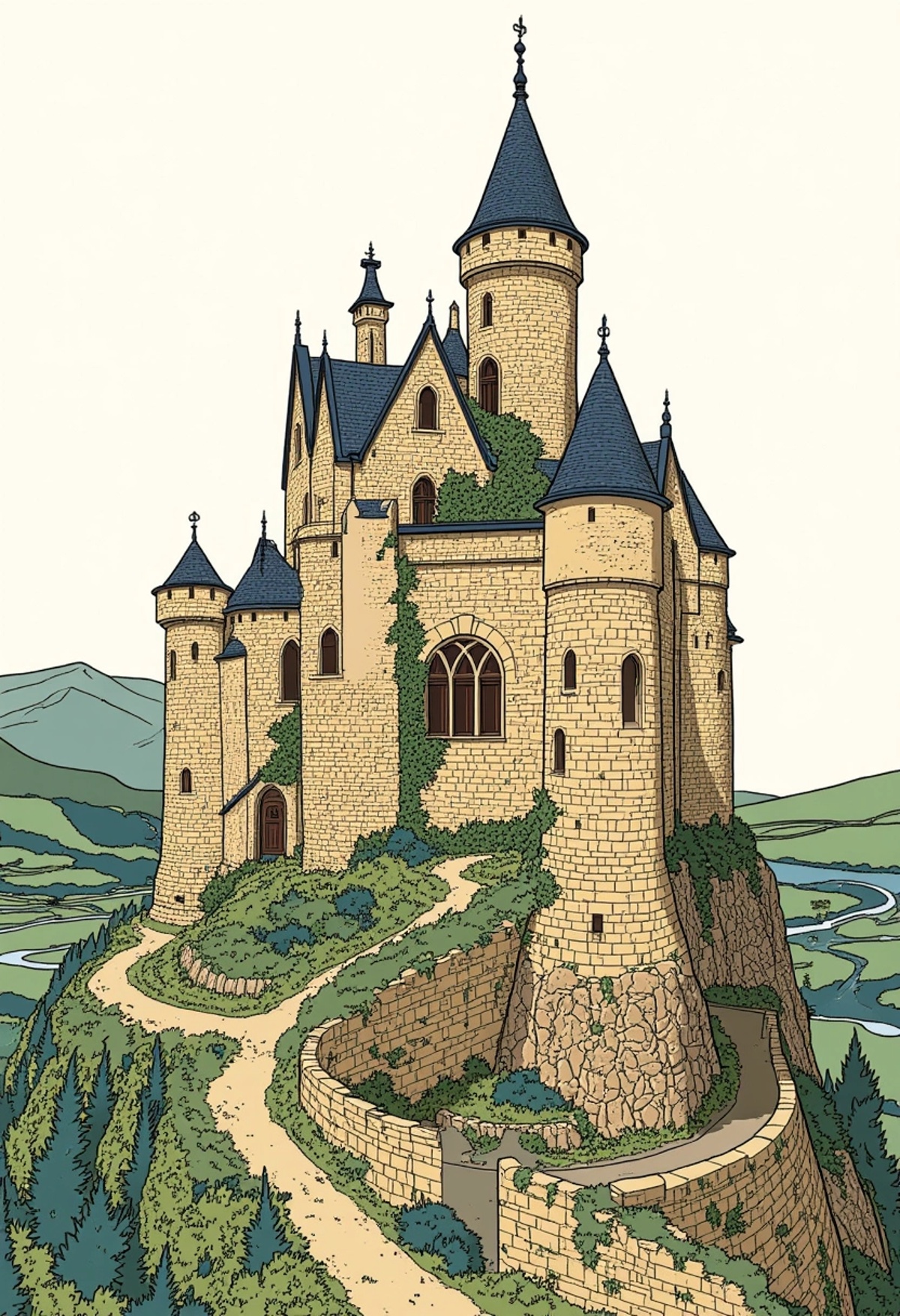 A colored illustration of a classic European castle perched on a hill,  complete with stone walls,  turrets by andinmaro14...