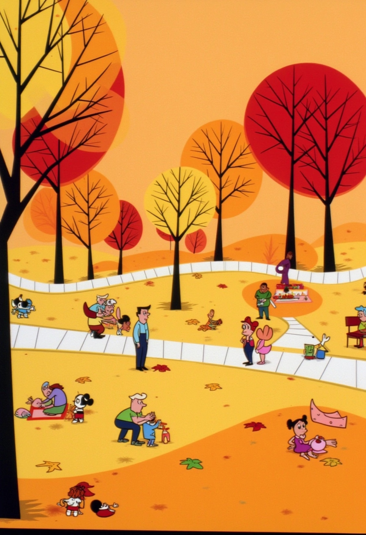 A lively autumn park with golden leaves covering the ground,  families enjoying picnics,  and children playing with fallen...