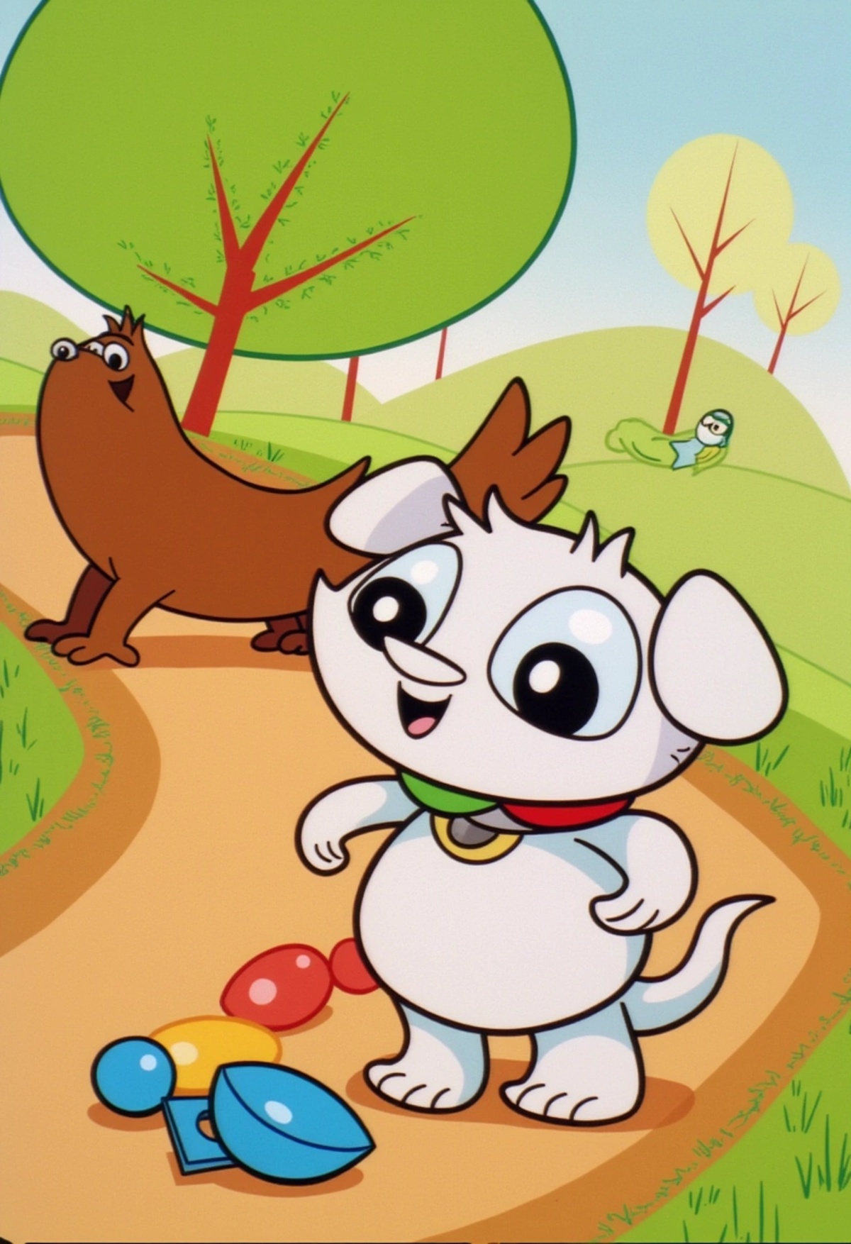 A colored digital art of a cute puppy with big eyes and a playful demeanor,  wearing a colorful collar and surrounded by f...