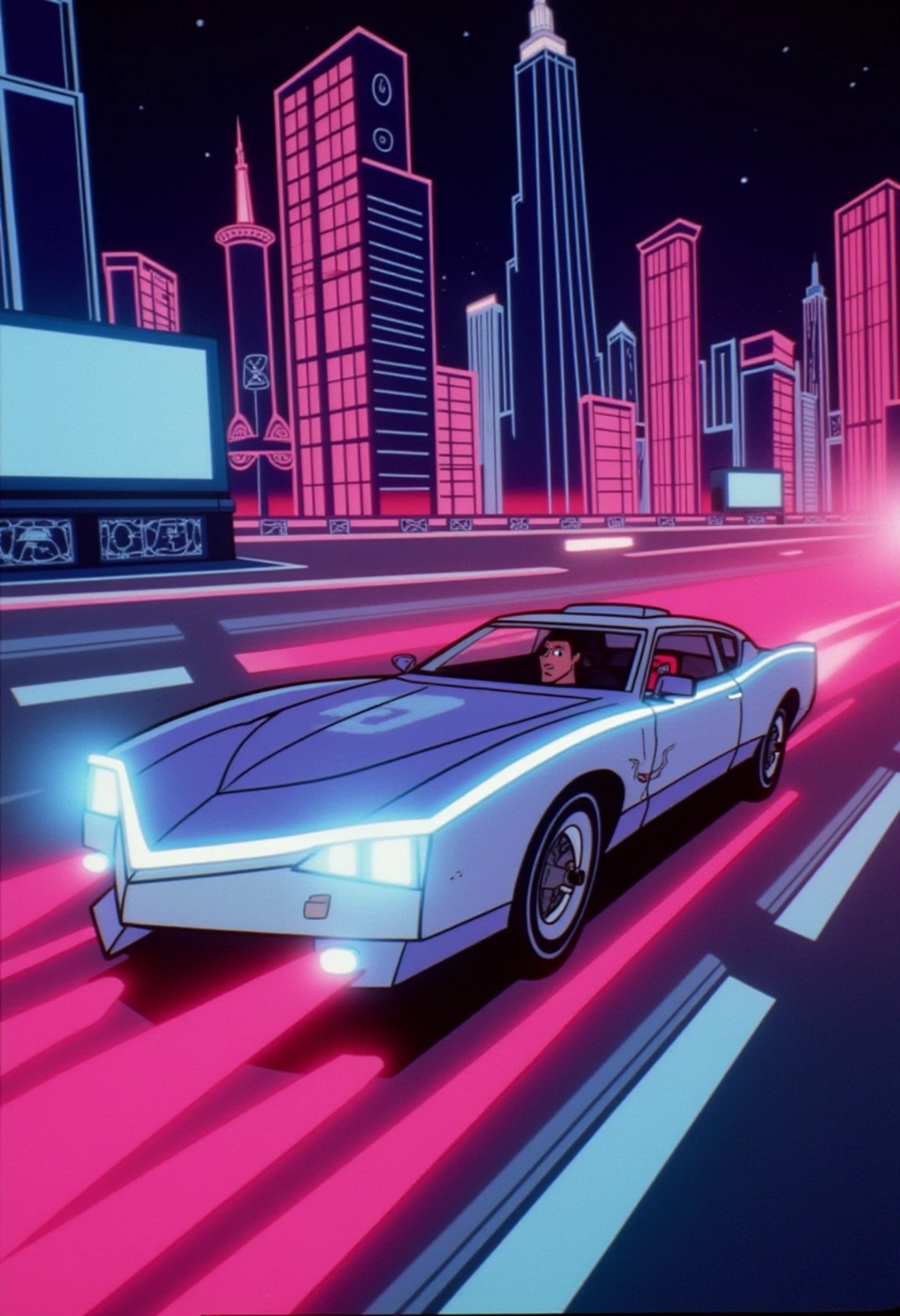 A colored digital art of a futuristic car with sleek,  aerodynamic design and bright neon lights,  racing through a high-t...