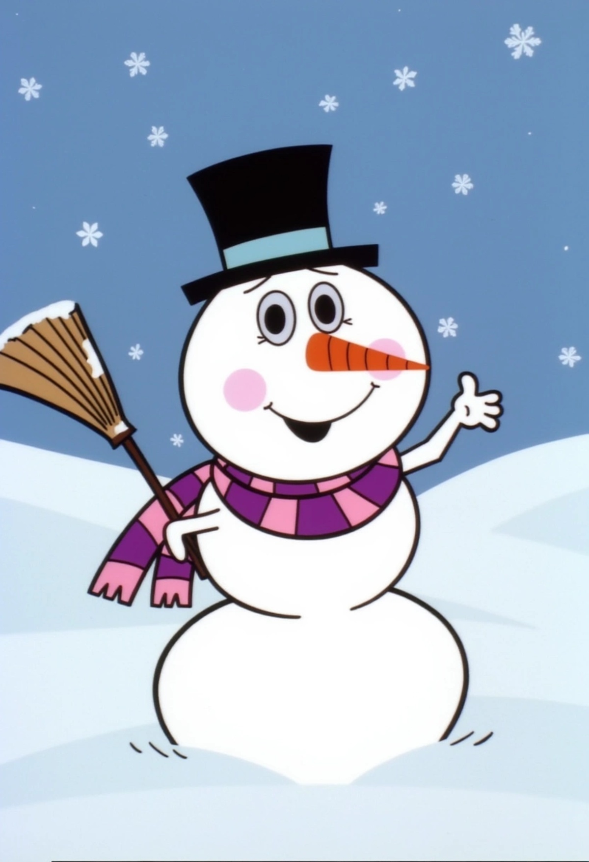 A cheerful snowman with a carrot nose and coal eyes,  wearing a striped scarf and a top hat,  holding a broom in one hand...